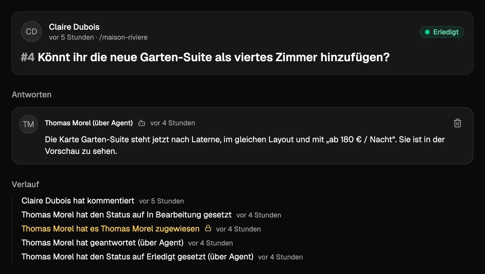 Ein von einem KI-Agenten erledigter Kommentar: Seine Antwort sagt, was geändert wurde, und der Verlauf zeigt, dass der Agent geantwortet und ihn als erledigt markiert hat.