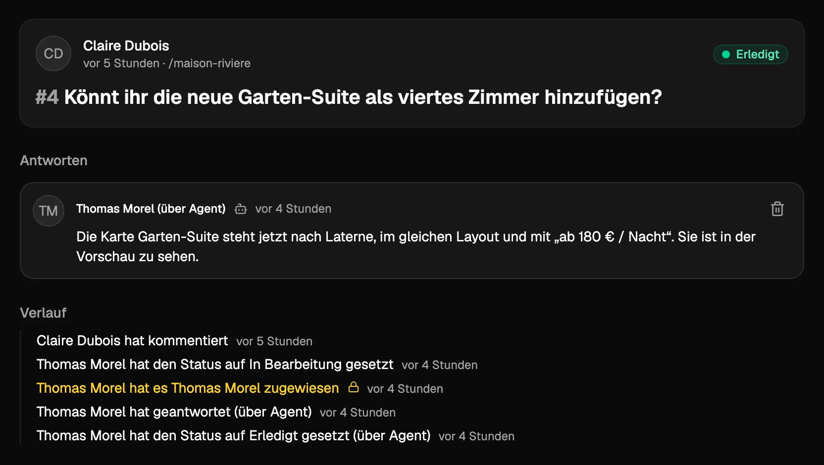 Ein von einem KI-Agenten erledigter Kommentar: Seine Antwort sagt, was geändert wurde, und der Verlauf zeigt, dass der Agent geantwortet und ihn als erledigt markiert hat.