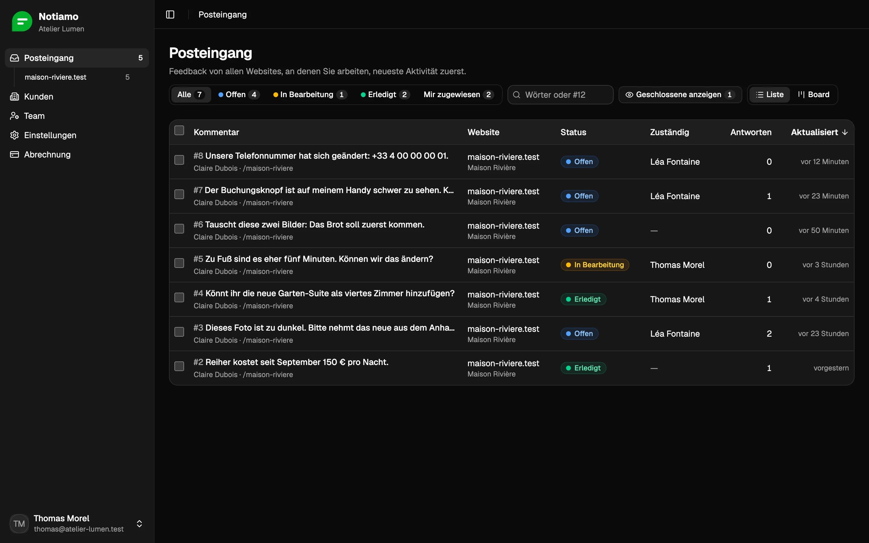 Der Notiamo-Posteingang: die Kommentare zur Website eines Kunden, jeweils mit Status, zugewiesener Person und Anzahl der Antworten.