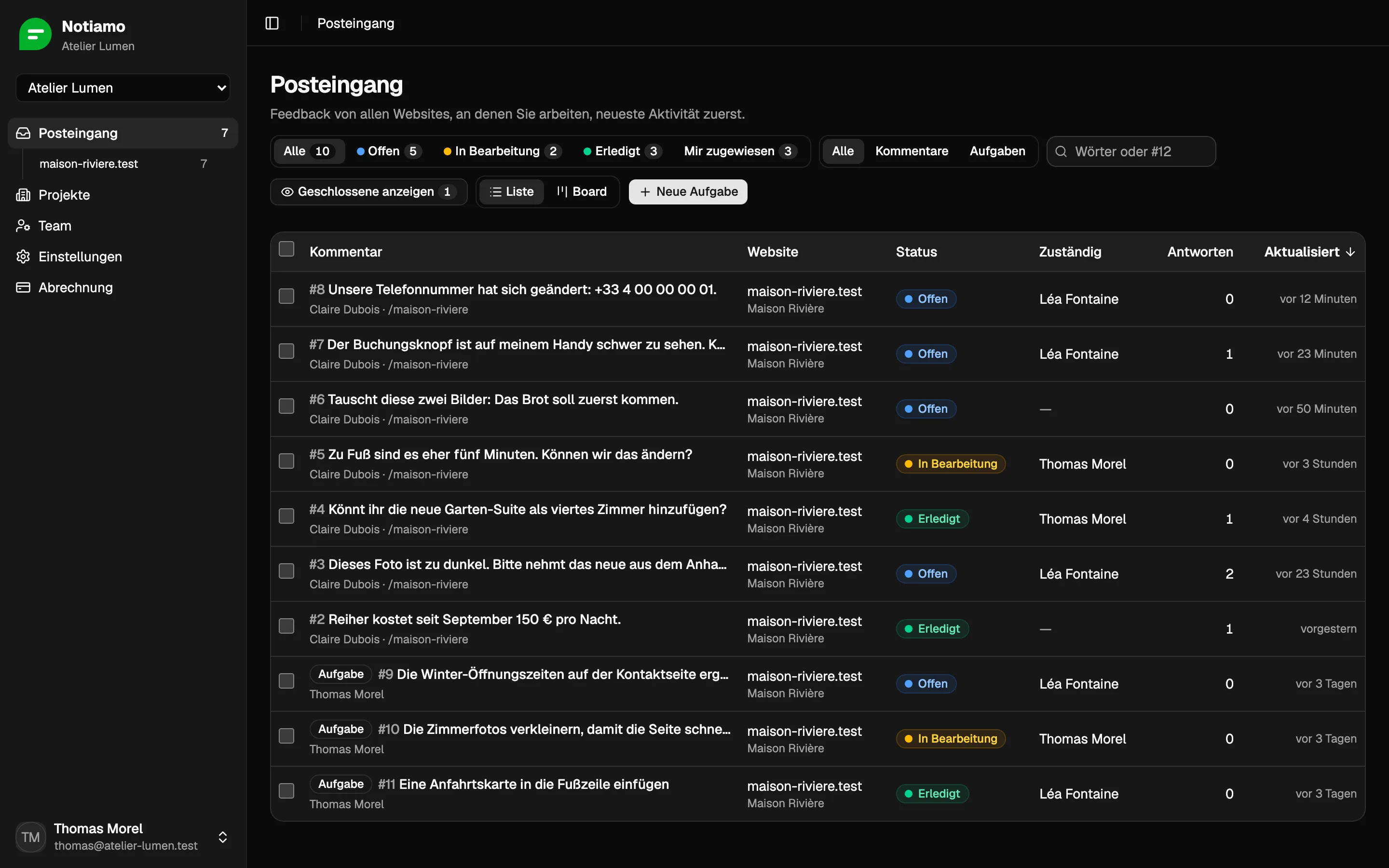 Der Notiamo-Posteingang: die Kommentare zur Website eines Kunden, jeweils mit Status, zugewiesener Person und Anzahl der Antworten.