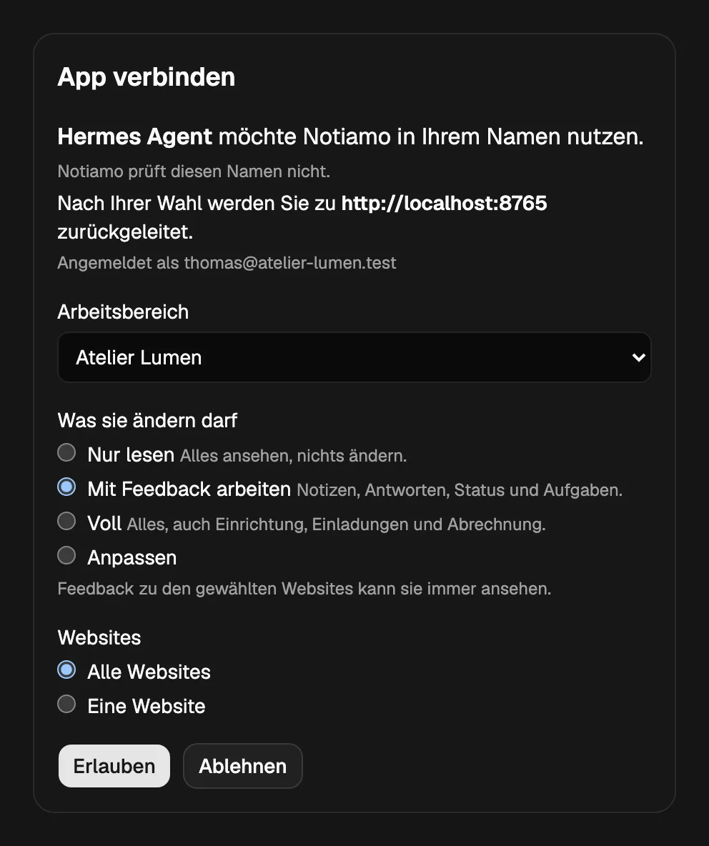 Die Notiamo-Seite „App verbinden“: der Name der App, der Arbeitsbereich, was sie ändern darf, die Websites und die Schaltflächen Erlauben und Ablehnen.