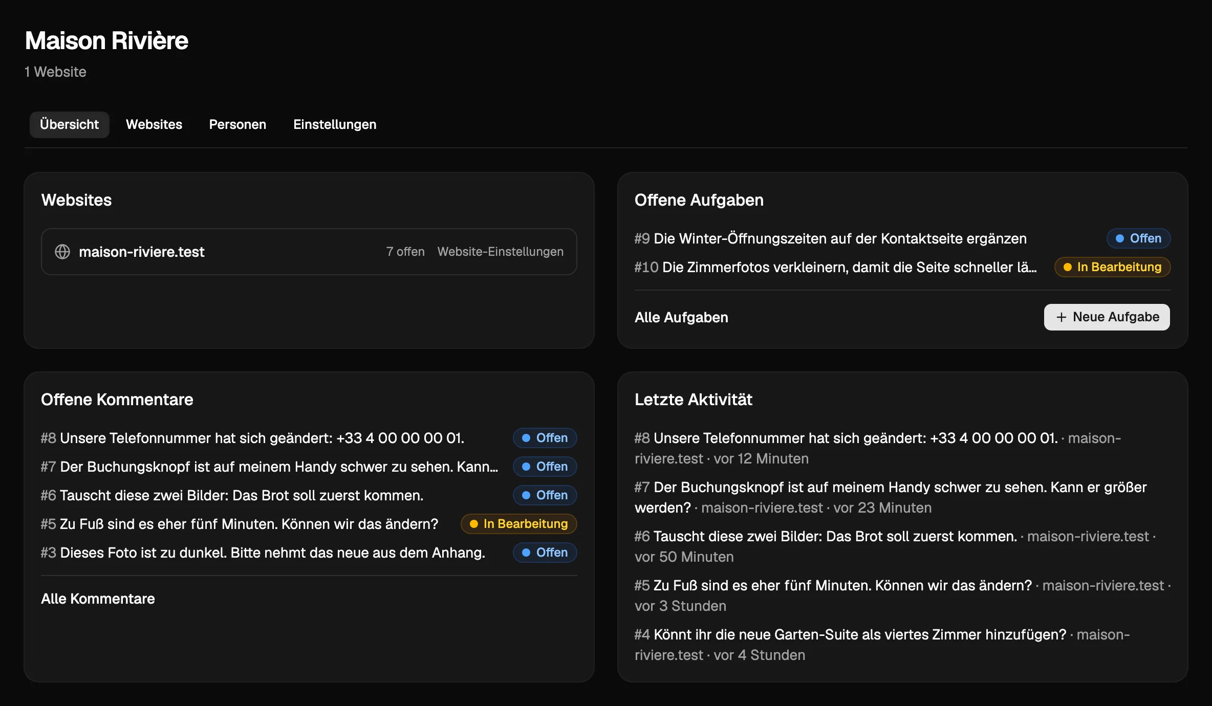 Die Übersicht eines Projekts in Notiamo: seine Website, die offenen Aufgaben und Kommentare und die letzte Aktivität.