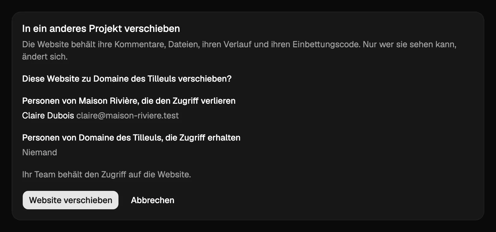 Eine Website in ein anderes Projekt verschieben: wer den Zugang verliert, wer ihn erhält, und die Schaltfläche zum Verschieben.