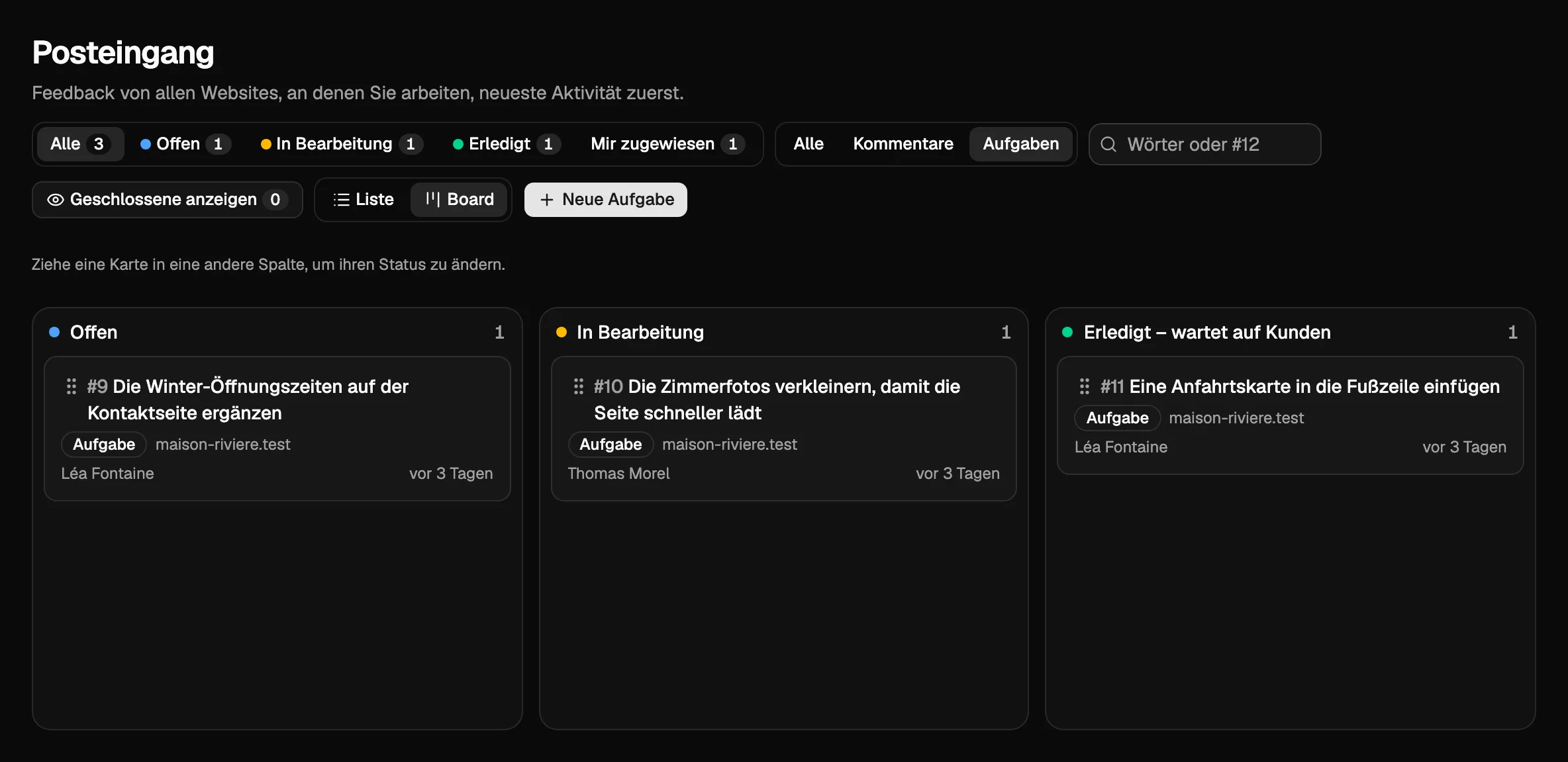 Der Posteingang als Board, nur mit Aufgaben: eine Spalte je Status, jede Aufgabe mit der zugewiesenen Person.