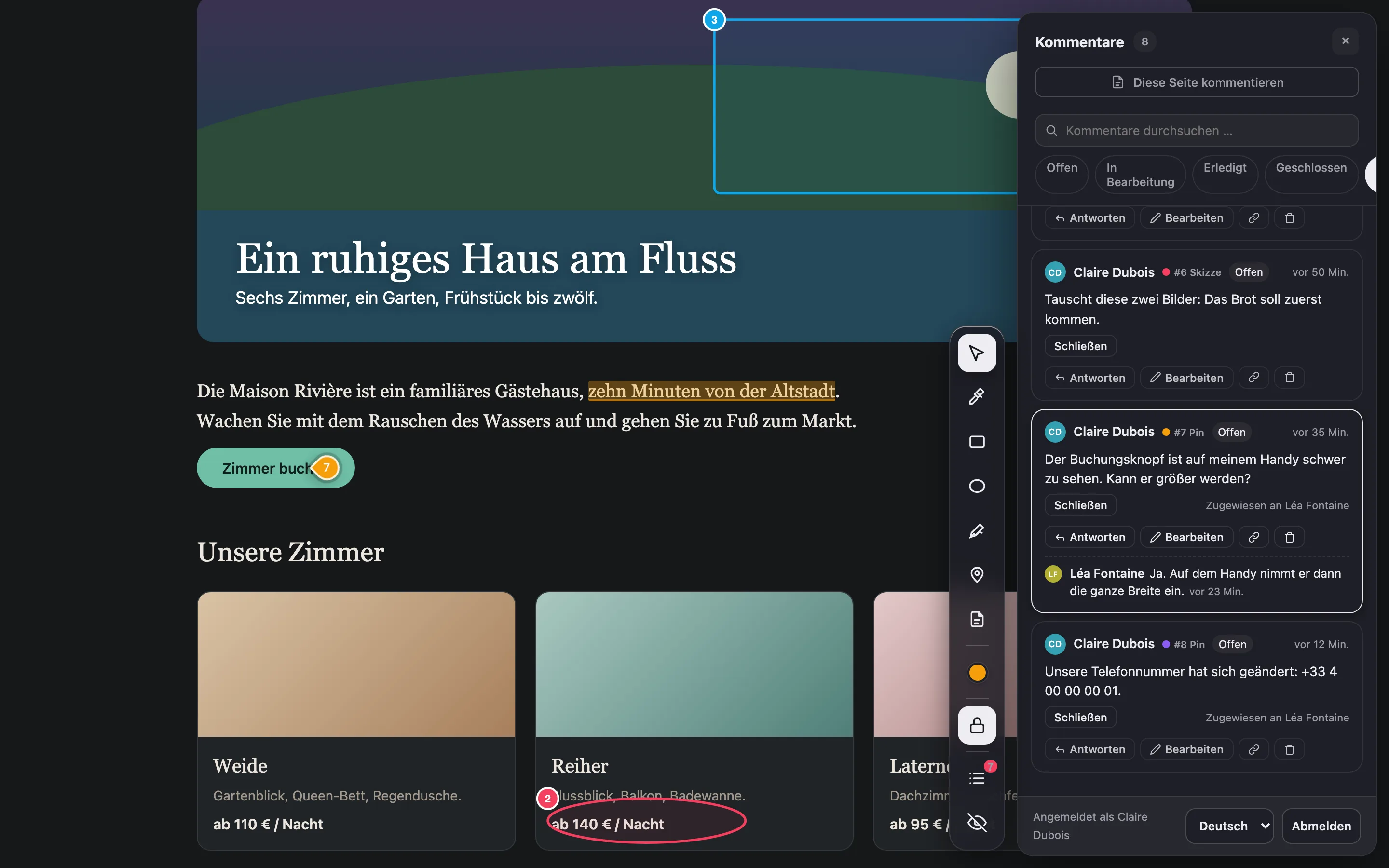 Die Website eines Kunden mit geöffnetem Notiamo: Markierungen auf der Seite und daneben die Liste der Kommentare.