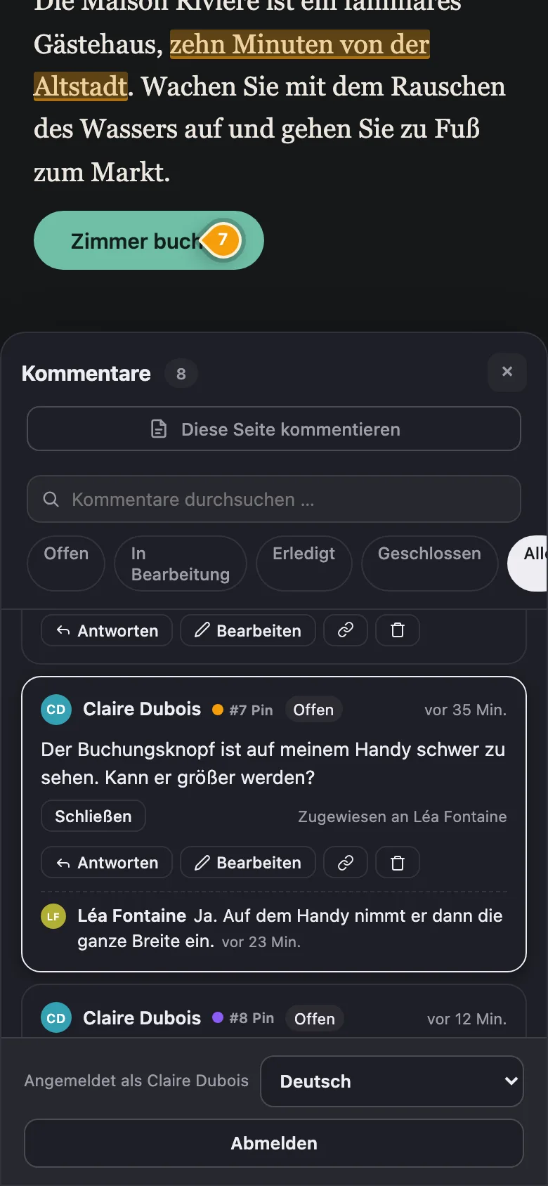 Notiamo auf dem Handy: eine Pinnadel auf dem Buchungsknopf und der Kommentarverlauf unter der Seite.