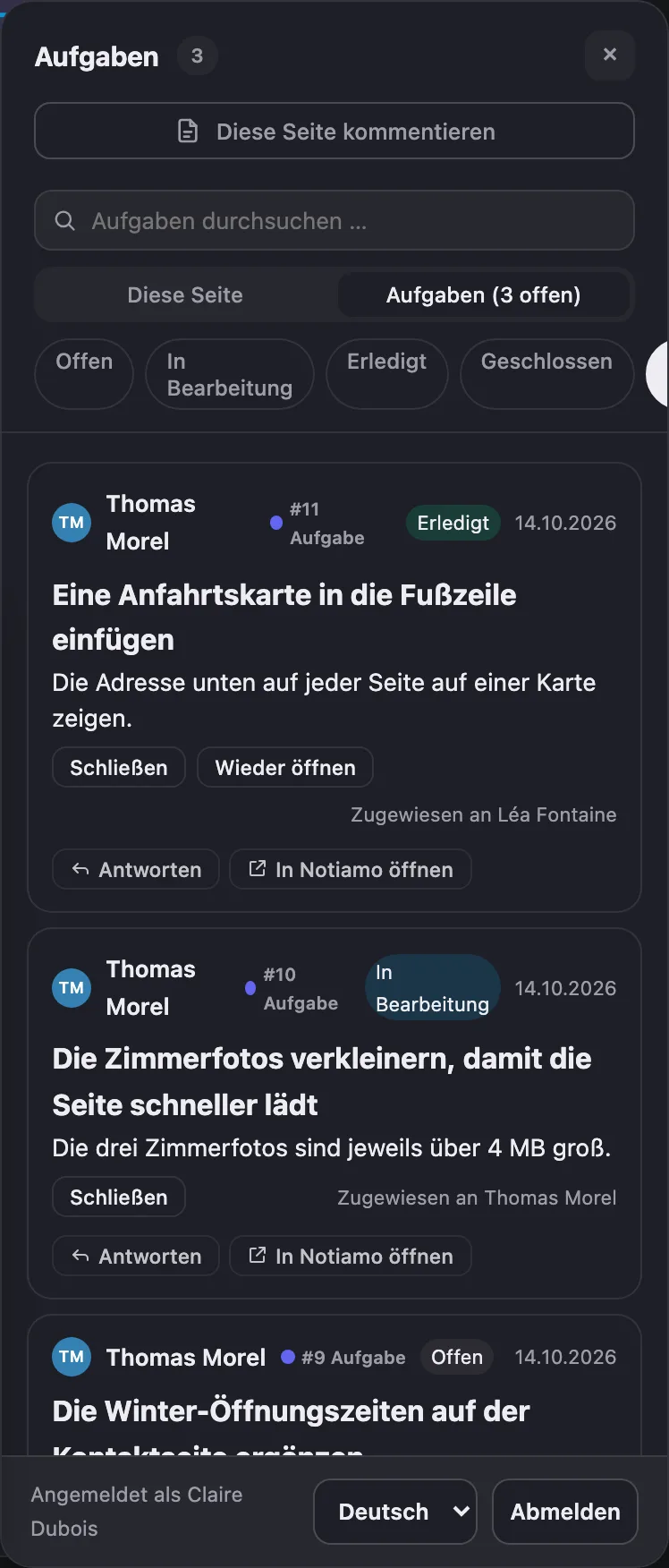 Der Reiter Aufgaben der Review-Werkzeuge auf der Website: die Aufgaben der Website mit Status, Antworten und Schaltflächen.