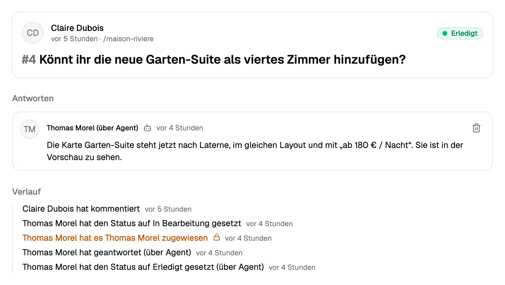 Ein von einem KI-Agenten erledigter Kommentar: Seine Antwort sagt, was geändert wurde, und der Verlauf zeigt, dass der Agent geantwortet und ihn als erledigt markiert hat.
