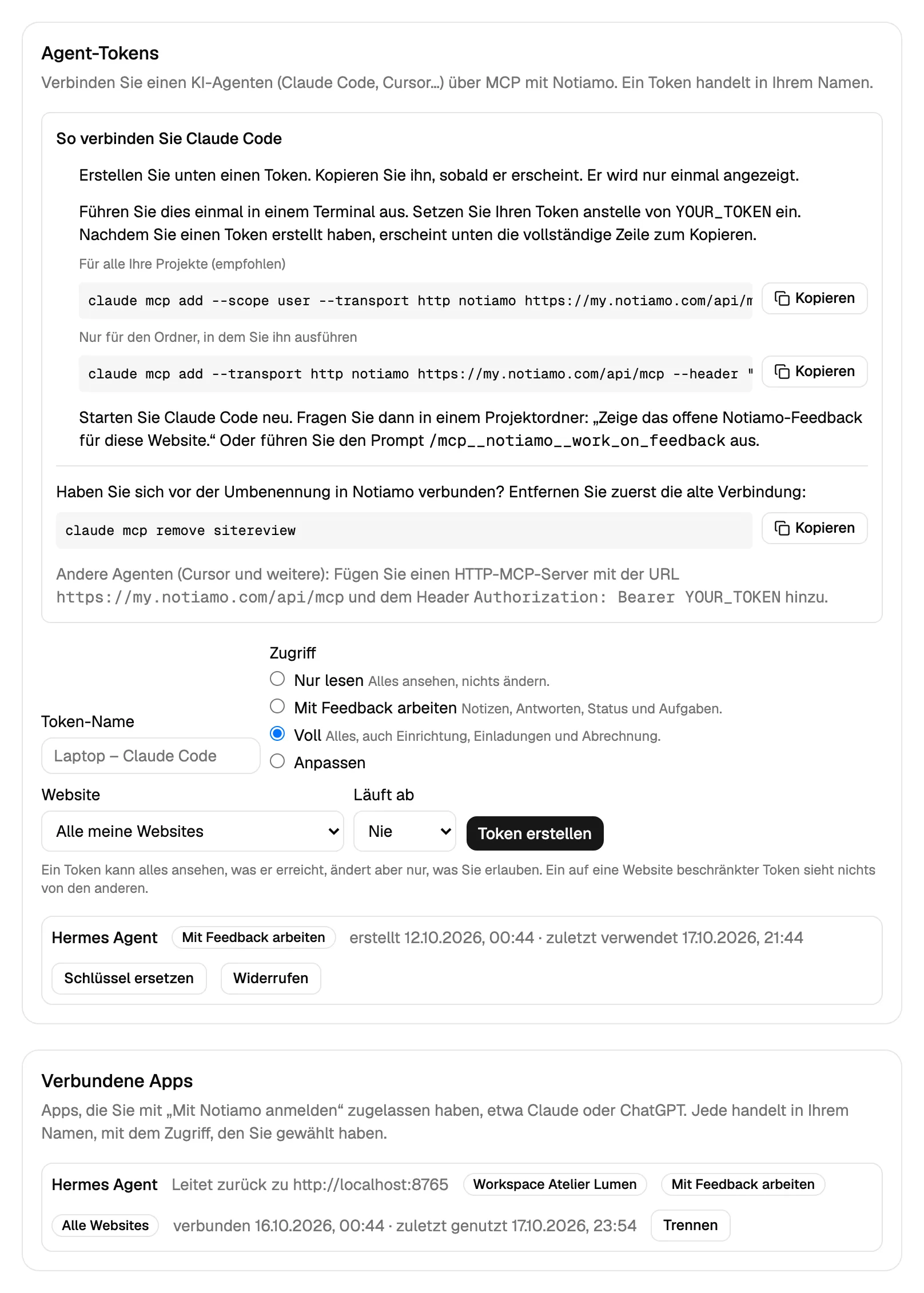 Die Karte Agent-Tokens in den Notiamo-Einstellungen: die Zugriffsauswahl, ein Schlüssel mit Schlüssel ersetzen und Widerrufen, darunter die Karte Verbundene Apps mit einer App und ihrer Schaltfläche Trennen.