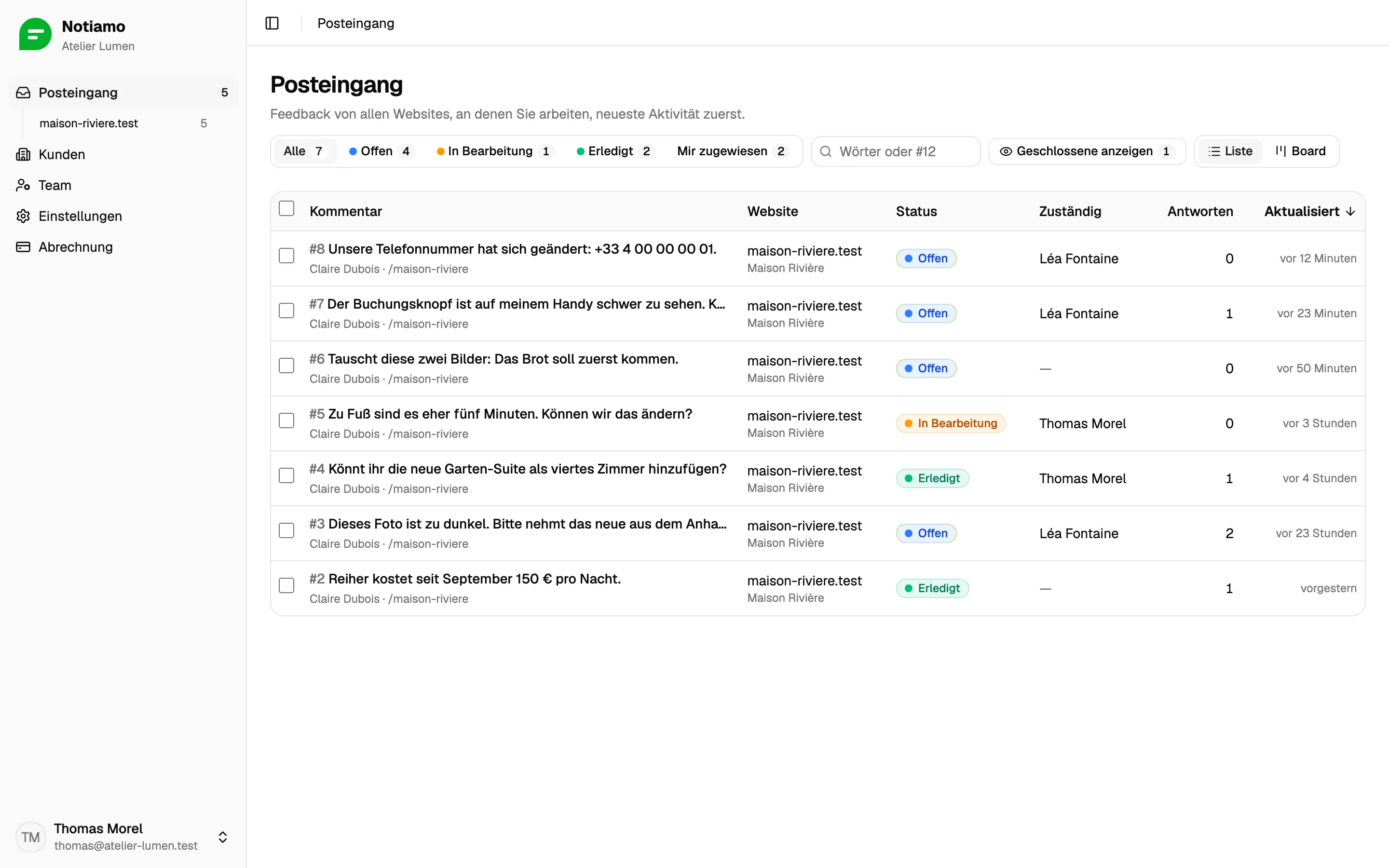 Der Notiamo-Posteingang: die Kommentare zur Website eines Kunden, jeweils mit Status, zugewiesener Person und Anzahl der Antworten.