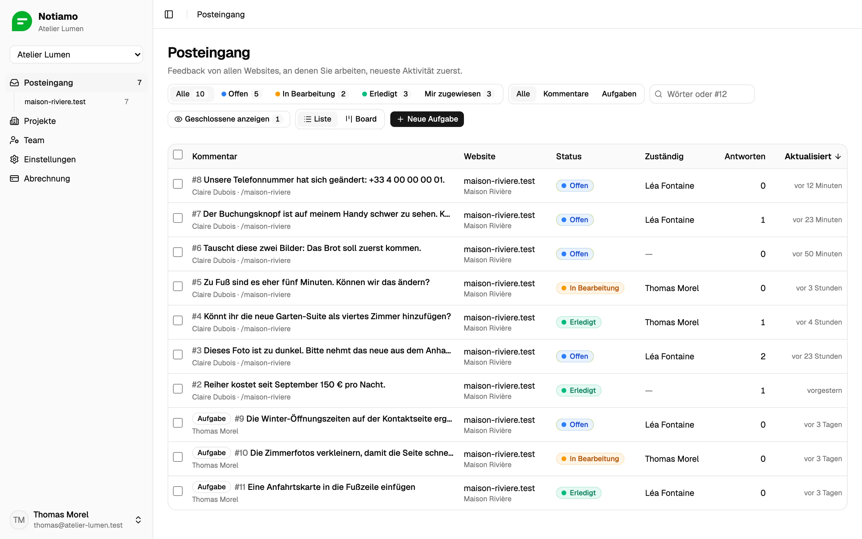Der Notiamo-Posteingang: die Kommentare zur Website eines Kunden, jeweils mit Status, zugewiesener Person und Anzahl der Antworten.