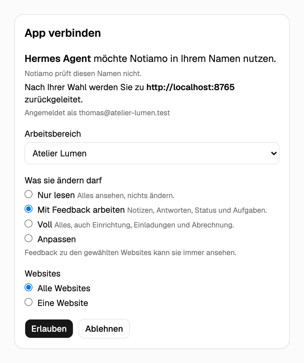 Die Notiamo-Seite „App verbinden“: der Name der App, der Arbeitsbereich, was sie ändern darf, die Websites und die Schaltflächen Erlauben und Ablehnen.