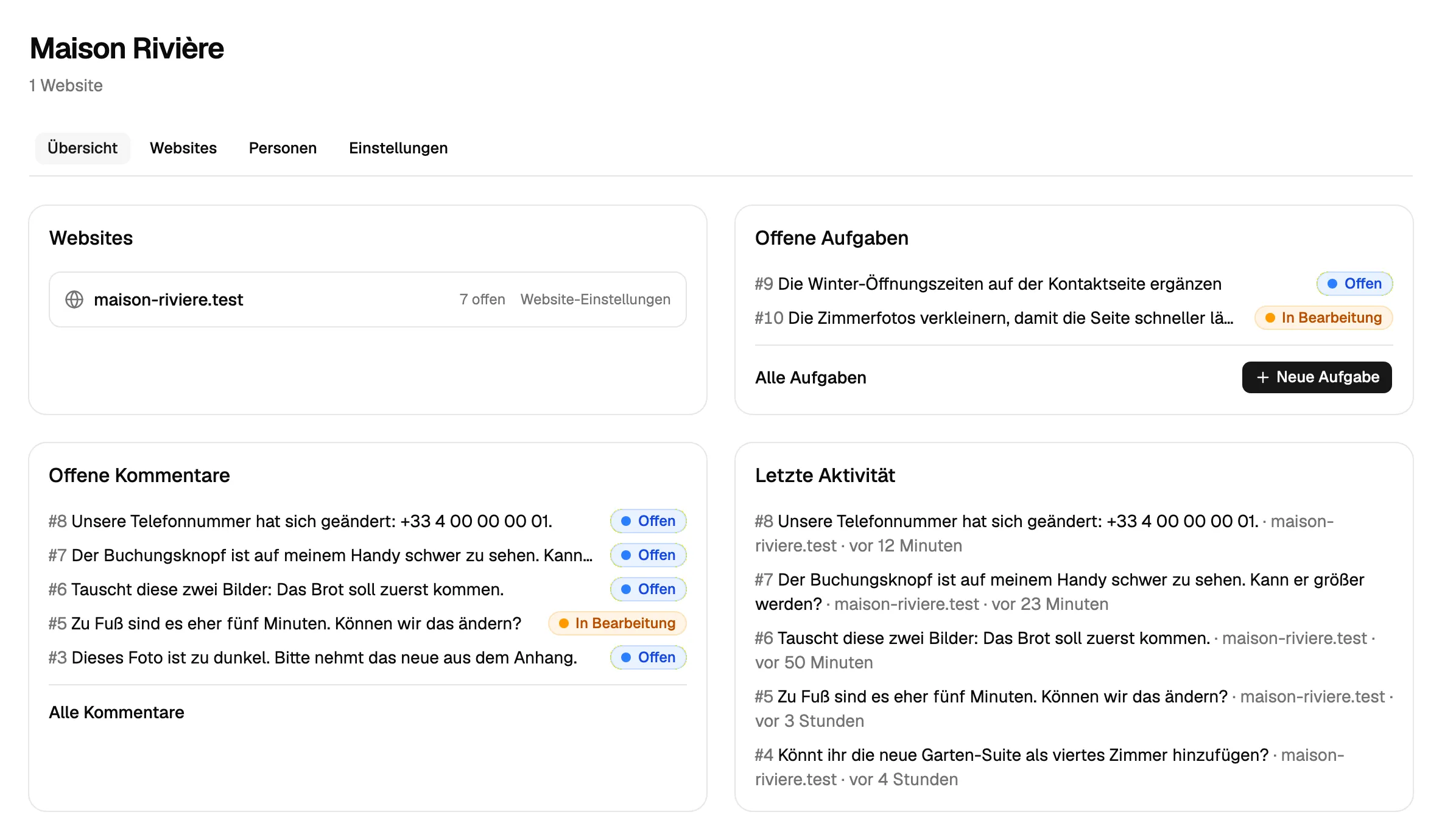 Die Übersicht eines Projekts in Notiamo: seine Website, die offenen Aufgaben und Kommentare und die letzte Aktivität.