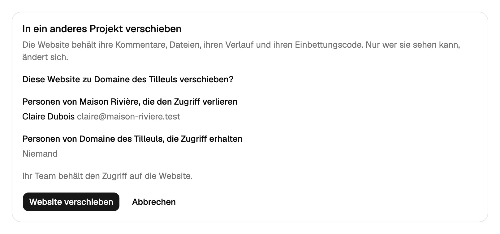 Eine Website in ein anderes Projekt verschieben: wer den Zugang verliert, wer ihn erhält, und die Schaltfläche zum Verschieben.