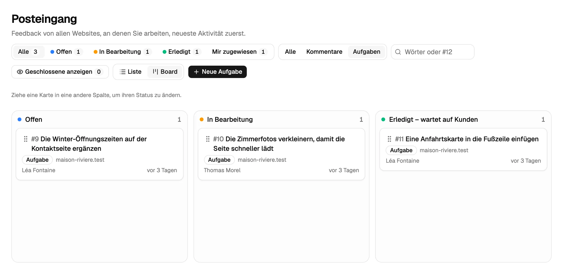 Der Posteingang als Board, nur mit Aufgaben: eine Spalte je Status, jede Aufgabe mit der zugewiesenen Person.