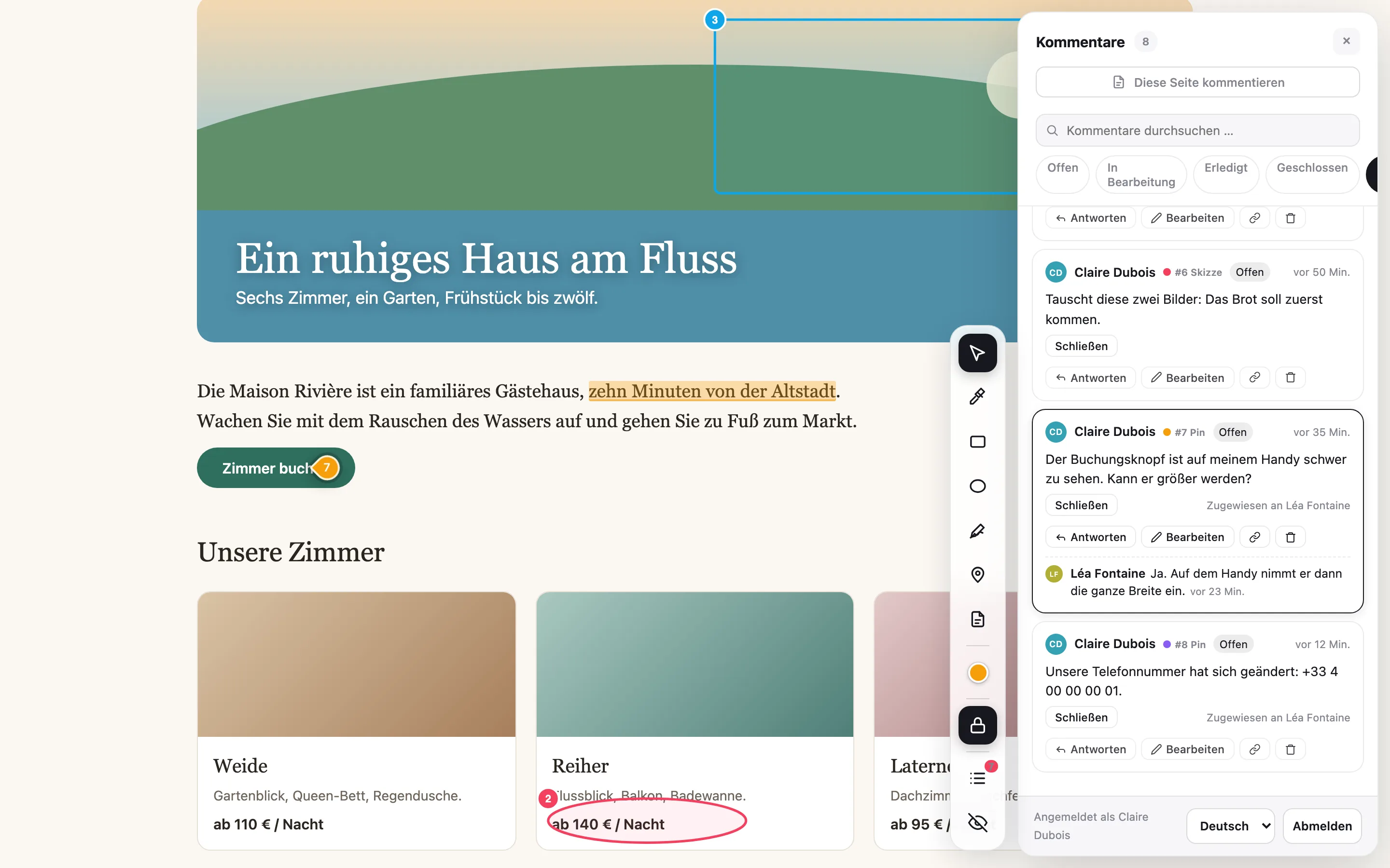 Die Website eines Kunden mit geöffnetem Notiamo: Markierungen auf der Seite und daneben die Liste der Kommentare.