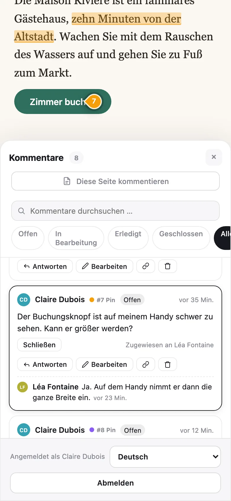 Notiamo auf dem Handy: eine Pinnadel auf dem Buchungsknopf und der Kommentarverlauf unter der Seite.