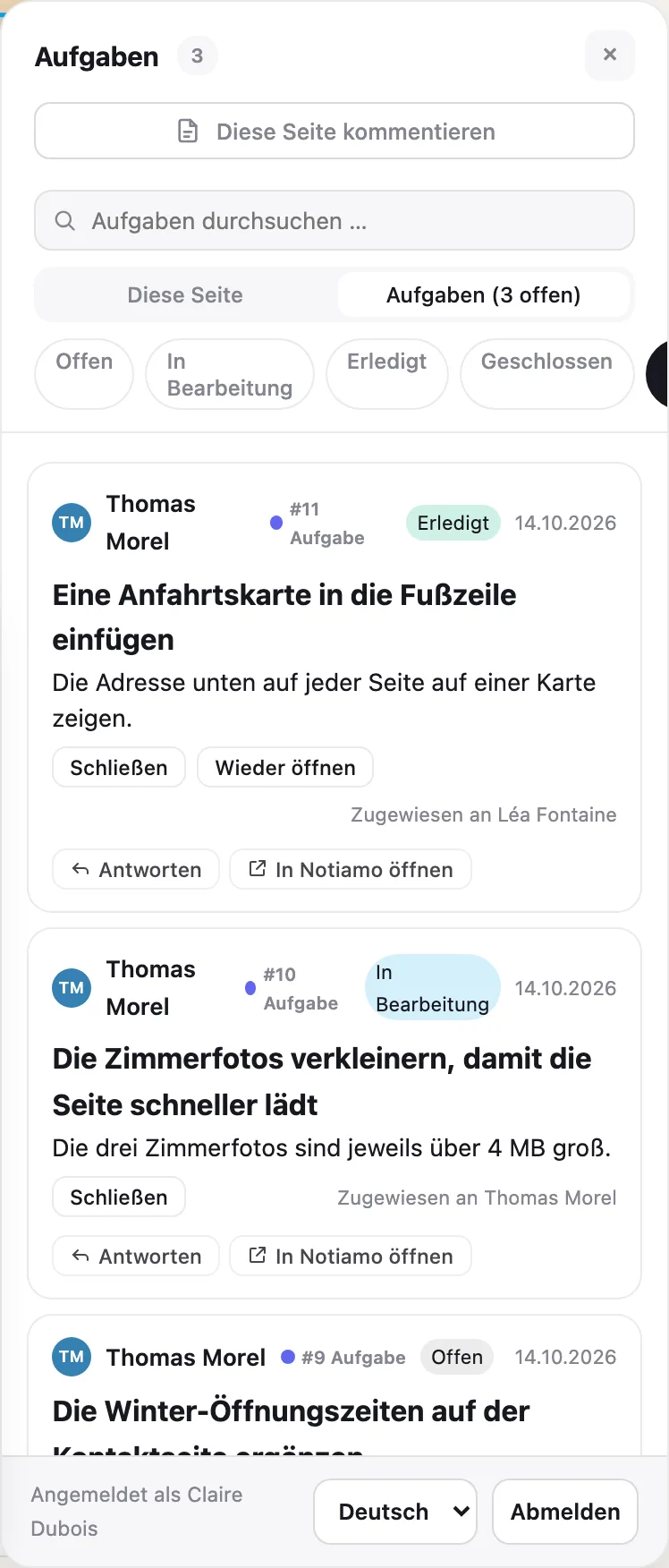 Der Reiter Aufgaben der Review-Werkzeuge auf der Website: die Aufgaben der Website mit Status, Antworten und Schaltflächen.