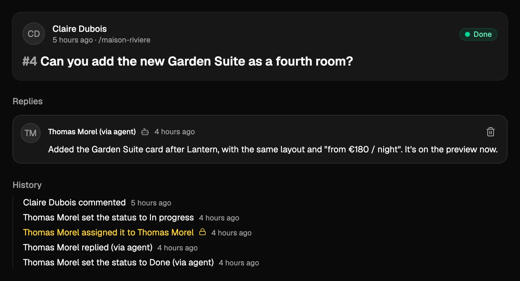 A comment done by an AI agent: its reply says what changed, and the history shows that the agent replied and marked it done.
