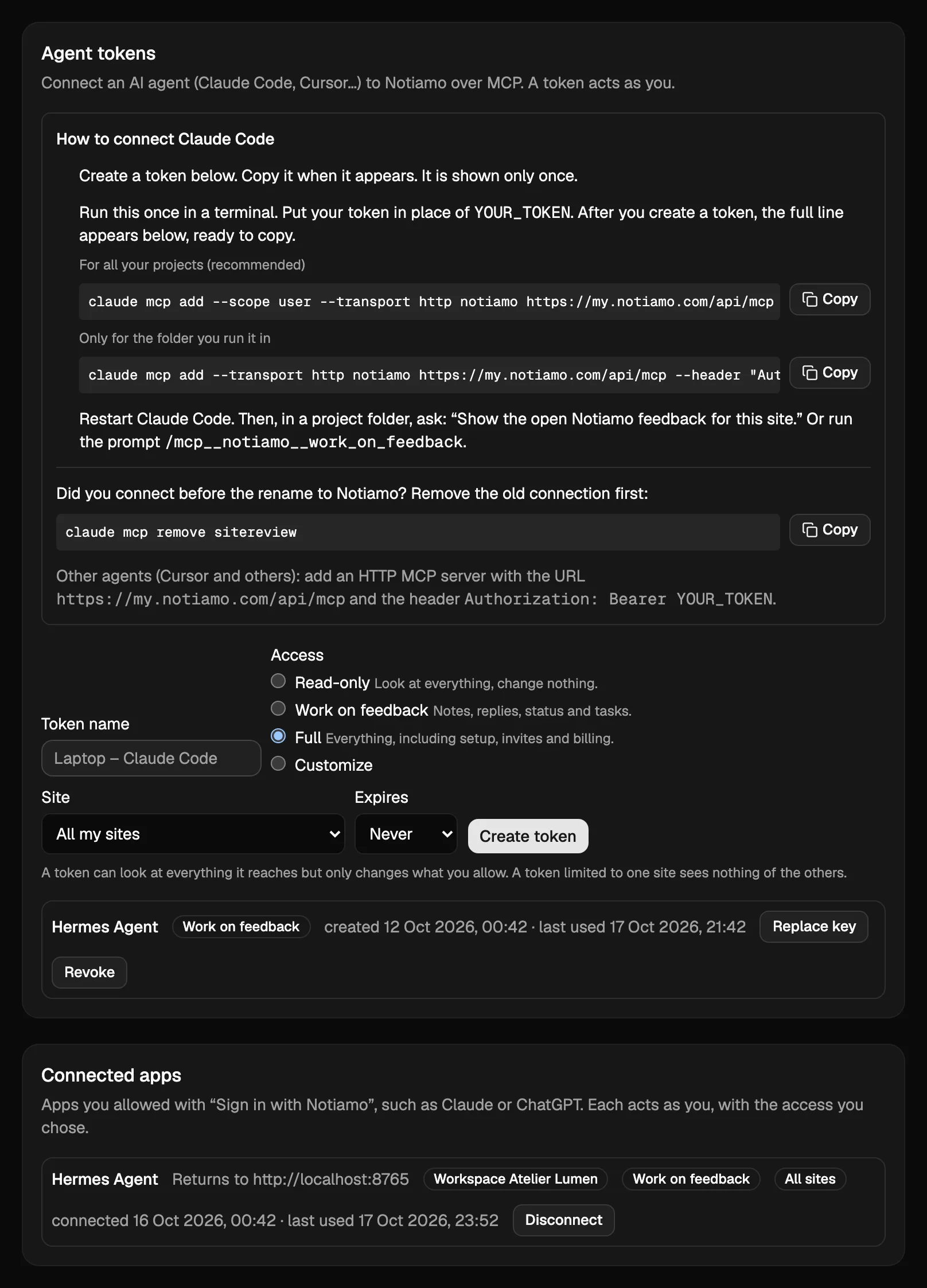 The Agent tokens card in Notiamo Settings: the access choices, a key with Replace key and Revoke, and below it the Connected apps card with an app and its Disconnect button.