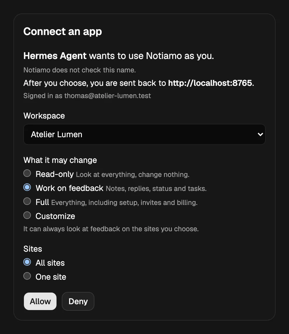 The Notiamo page “Connect an app”: the app’s name, the workspace, what it may change, the sites, and the Allow and Deny buttons.