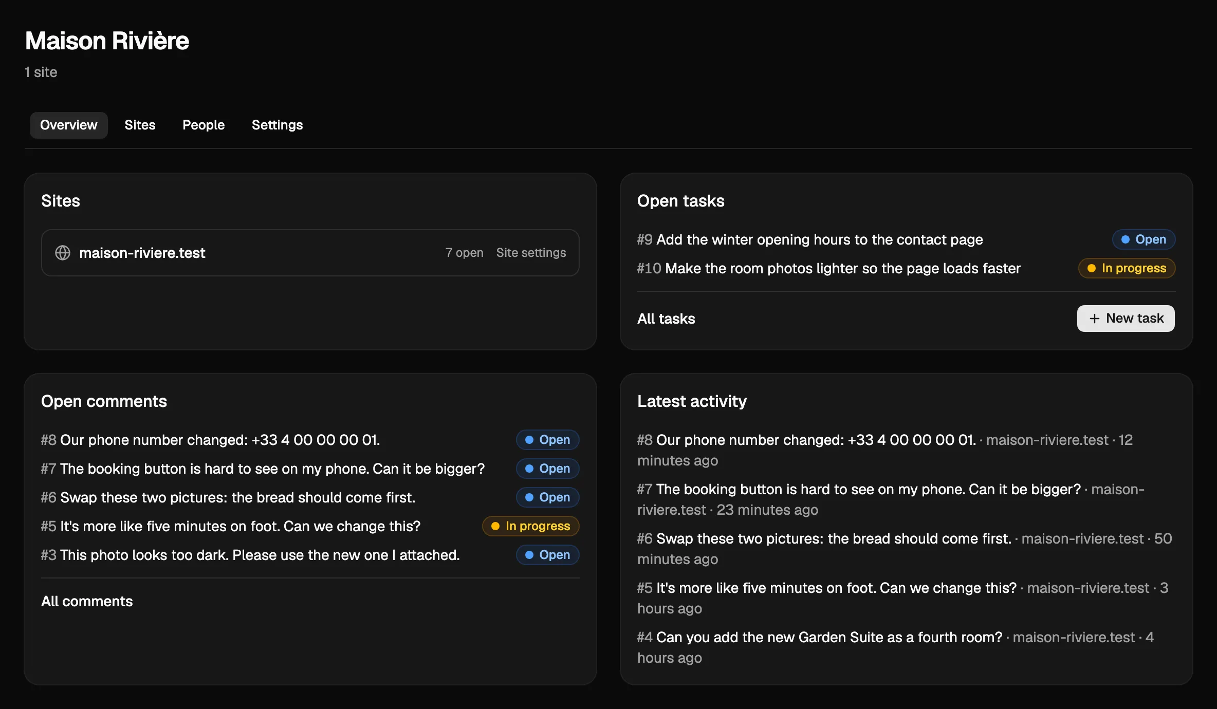 A project in Notiamo after an agent set it up: its site, the open comments and tasks, and the latest activity.