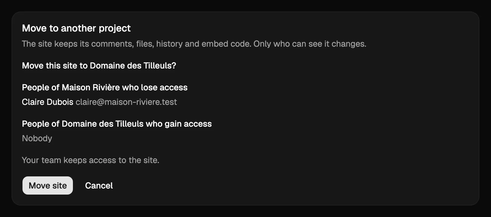 Moving a site to another project: who loses access, who gains it, and the Move site button.