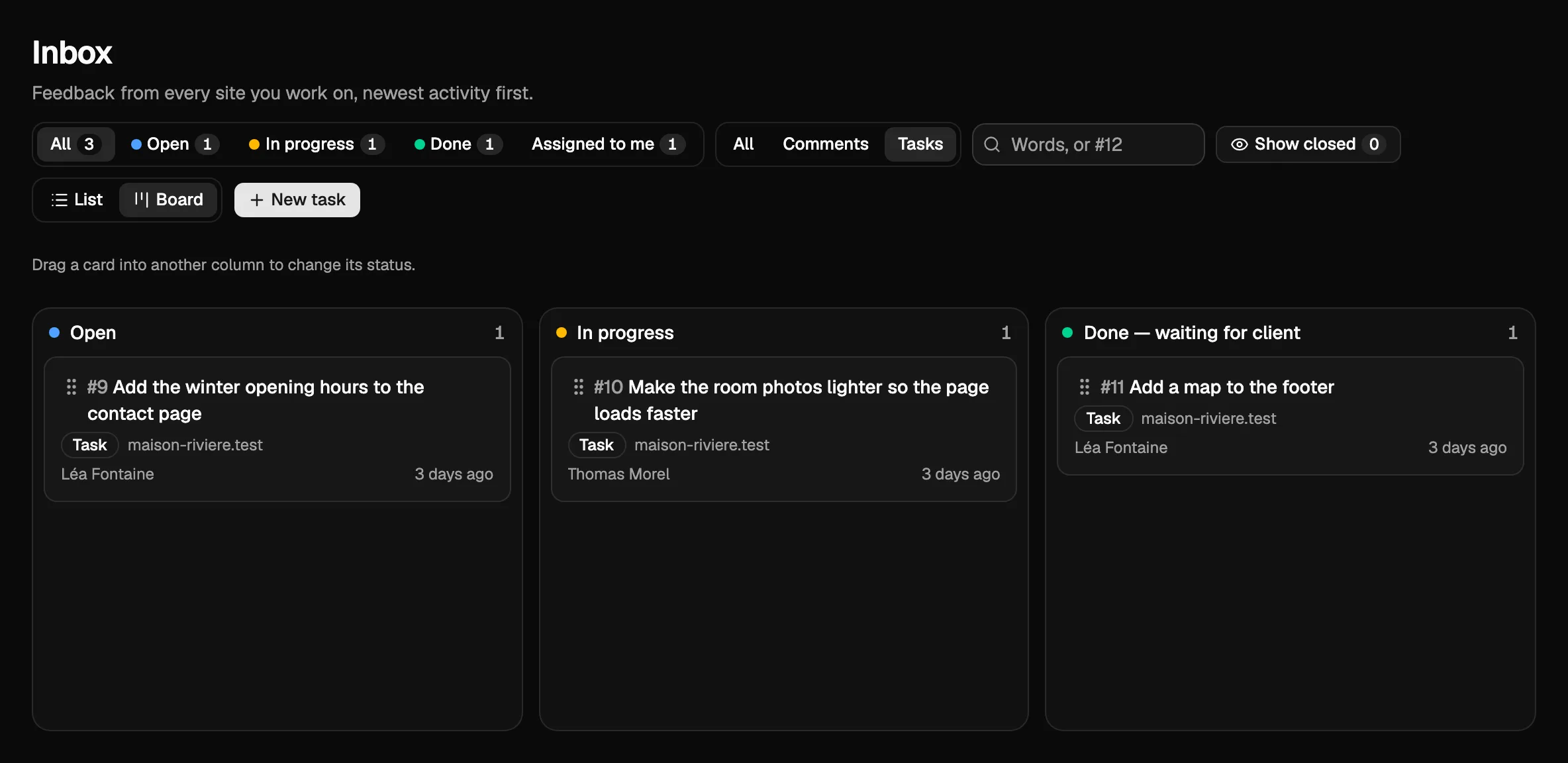 The inbox as a board, showing only tasks: one column per status, each task with its assigned person.