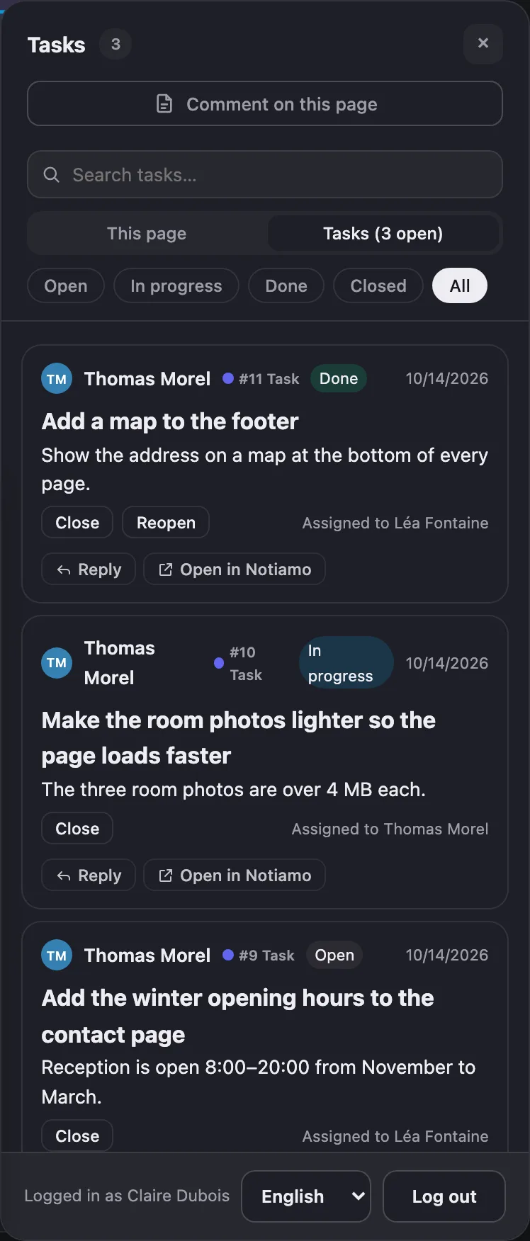 The Tasks tab of the review tools on the website: the site’s tasks with their status, replies and buttons.