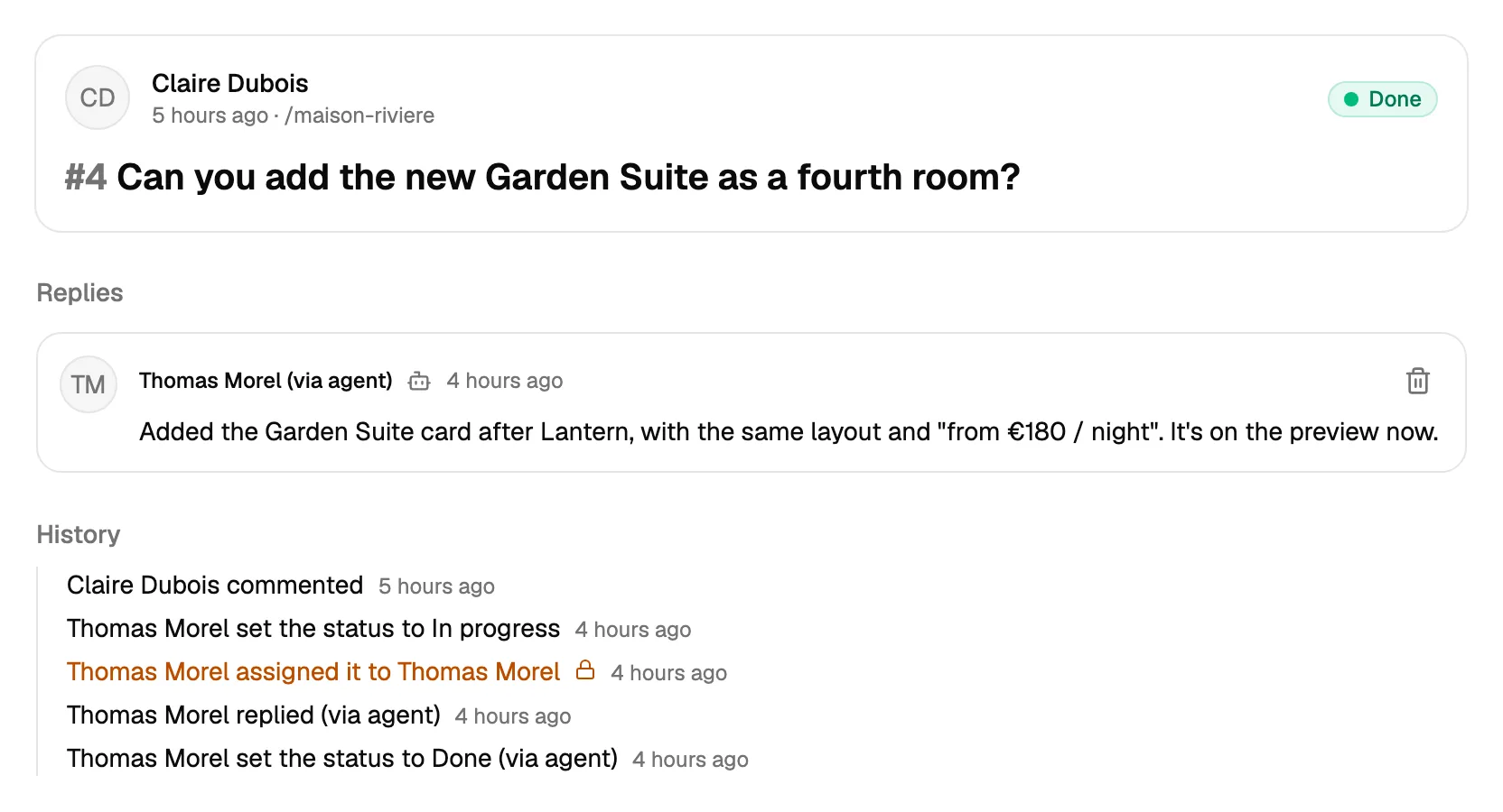 A comment done by an AI agent: its reply says what changed, and the history shows that the agent replied and marked it done.