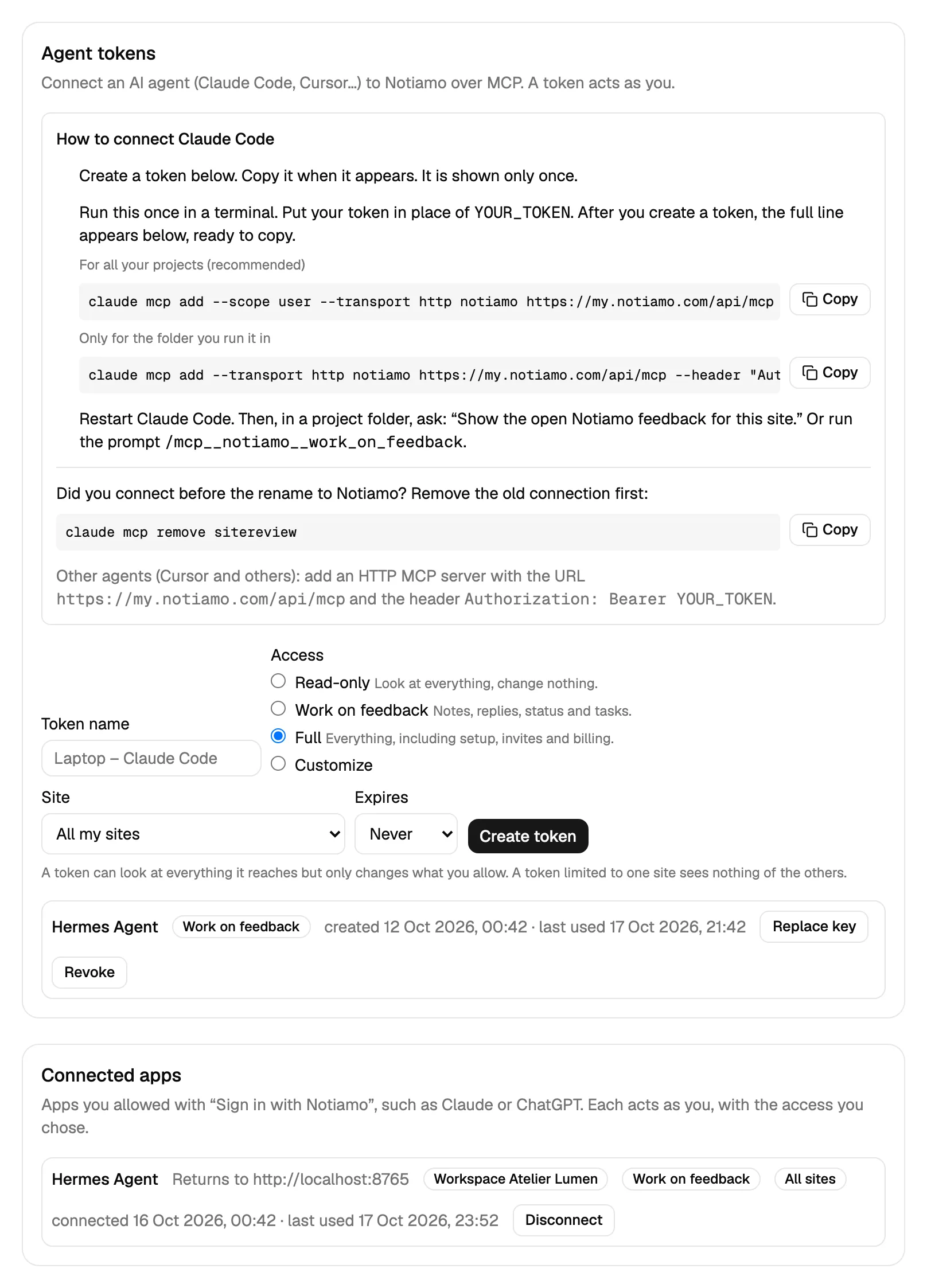 The Agent tokens card in Notiamo Settings: the access choices, a key with Replace key and Revoke, and below it the Connected apps card with an app and its Disconnect button.
