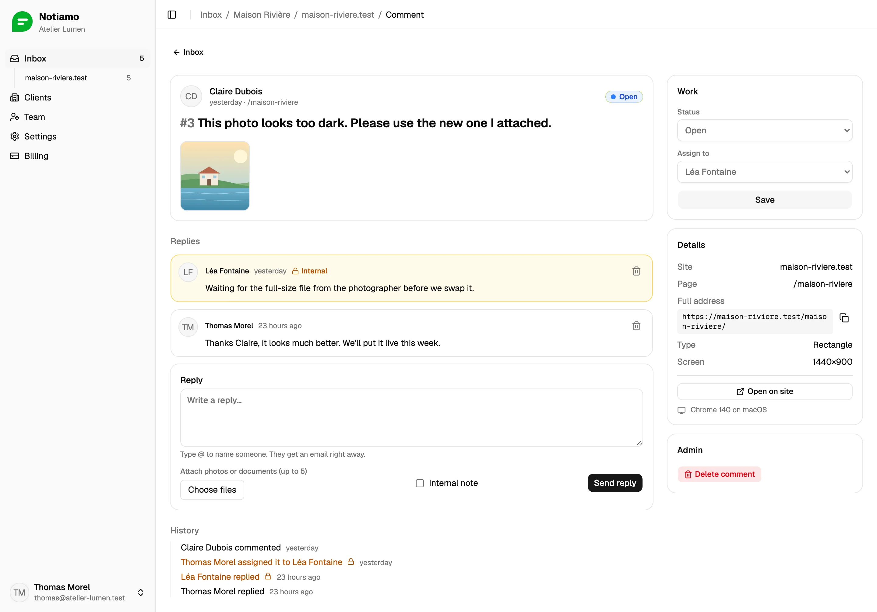 One comment in Notiamo: the client’s photo, an internal note for the team, a reply to the client, and the status and assigned person beside them.
