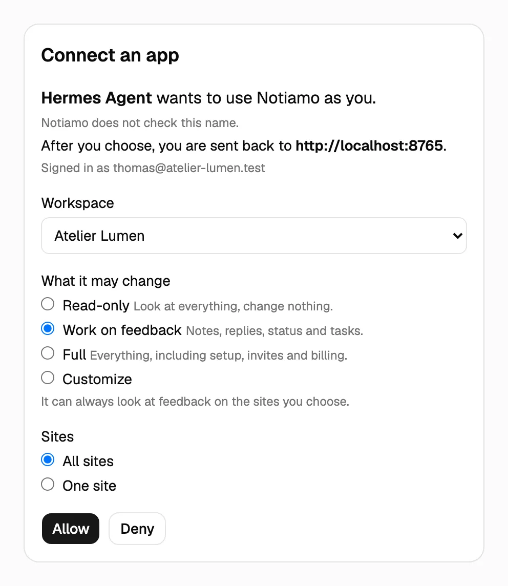The Notiamo page “Connect an app”: the app’s name, the workspace, what it may change, the sites, and the Allow and Deny buttons.