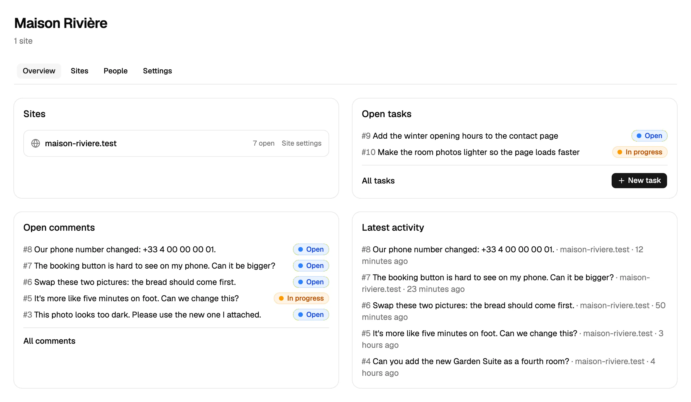 A project in Notiamo after an agent set it up: its site, the open comments and tasks, and the latest activity.