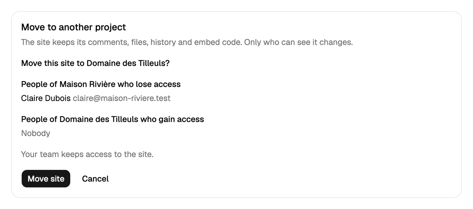 Moving a site to another project: who loses access, who gains it, and the Move site button.
