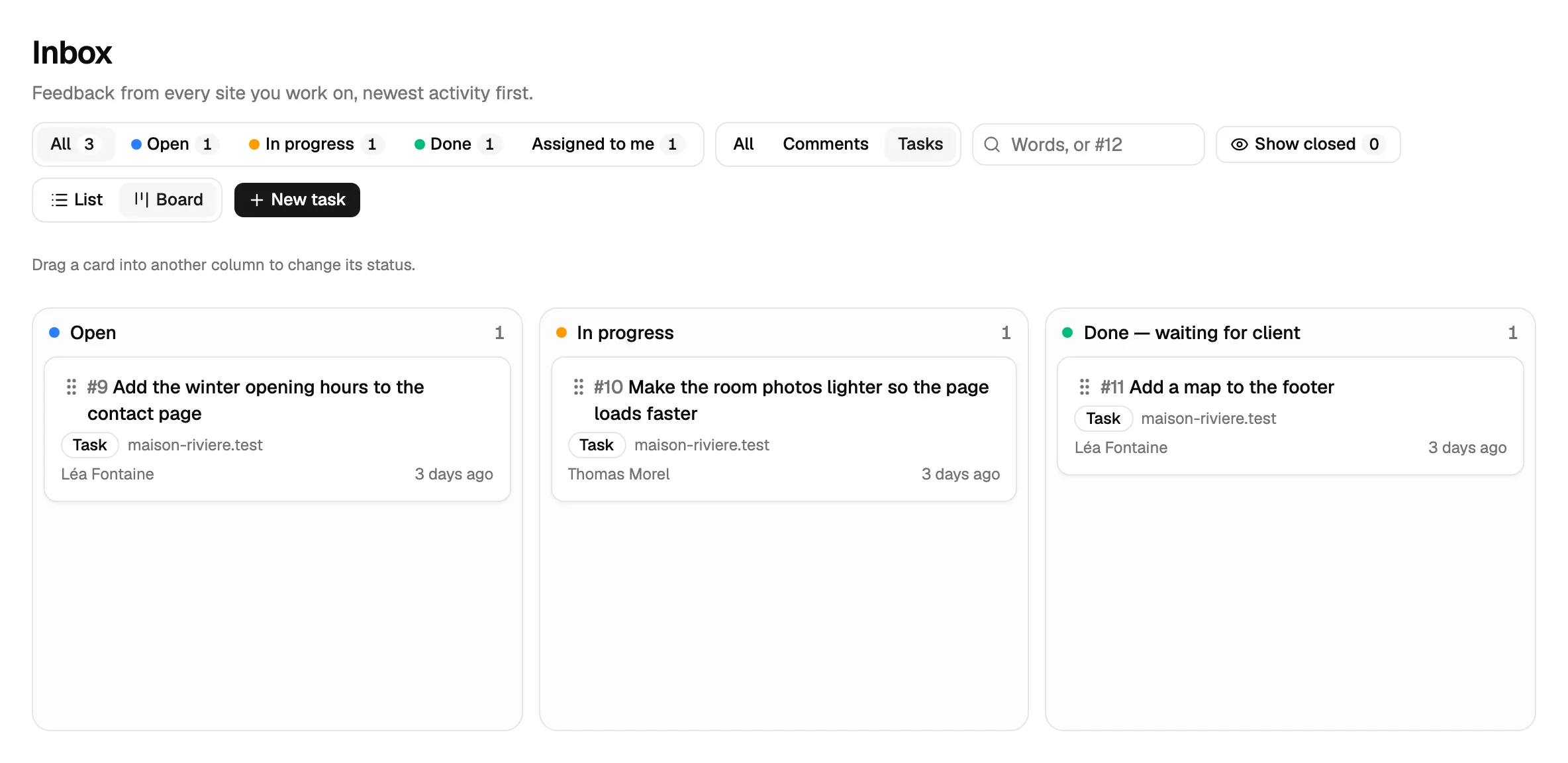 The inbox as a board, showing only tasks: one column per status, each task with its assigned person.