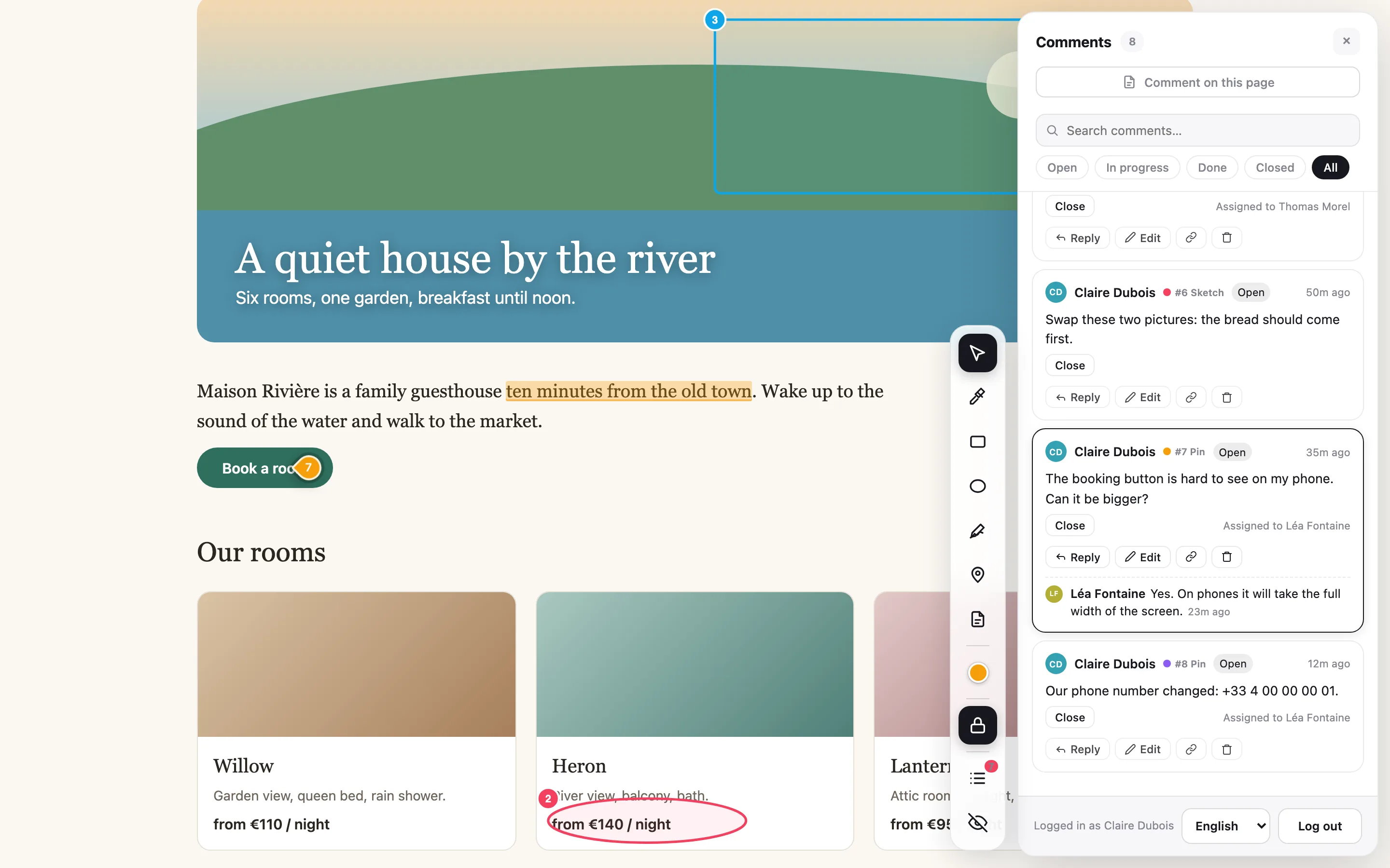 A client’s website with Notiamo open: marks on the page and the list of comments beside it.
