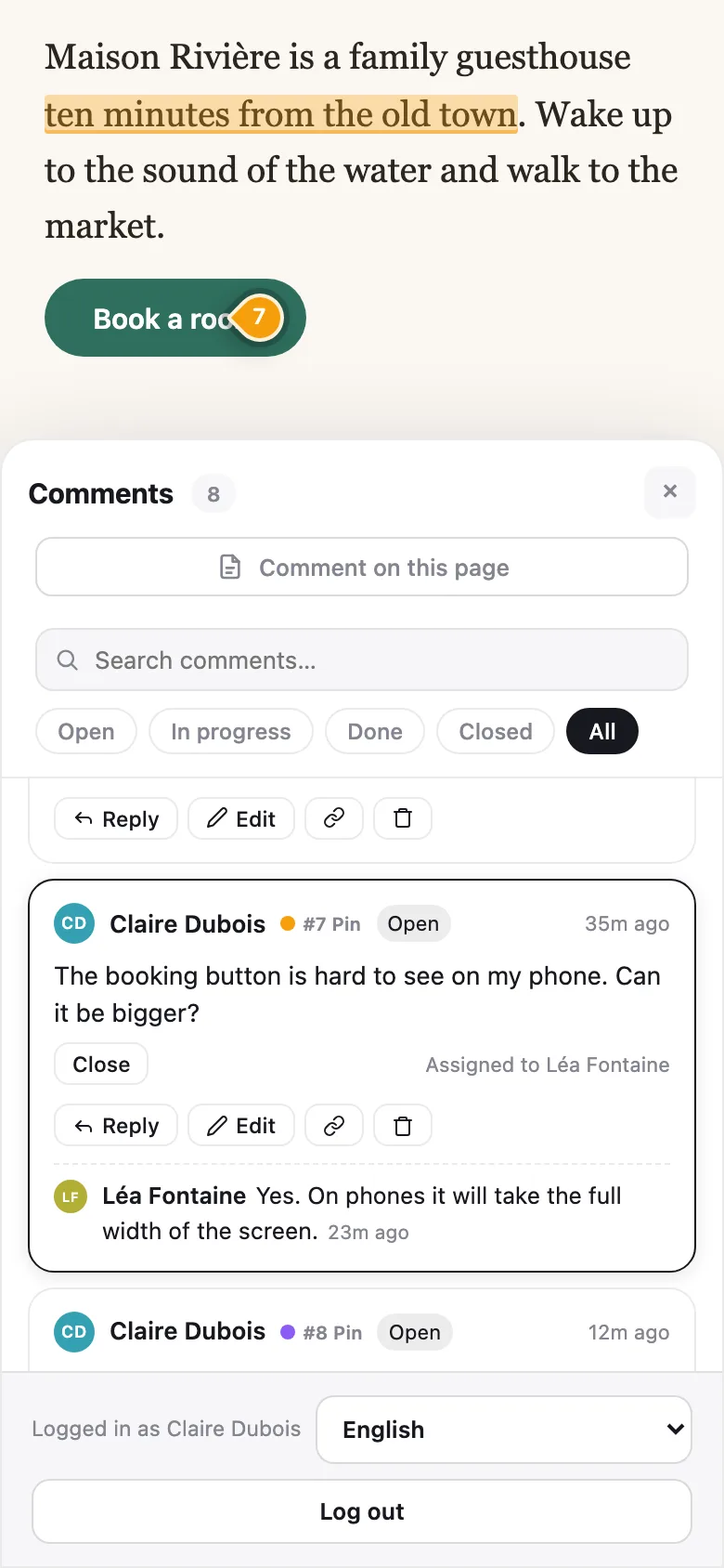 Notiamo on a phone: a pin on the booking button and the comment thread under the page.