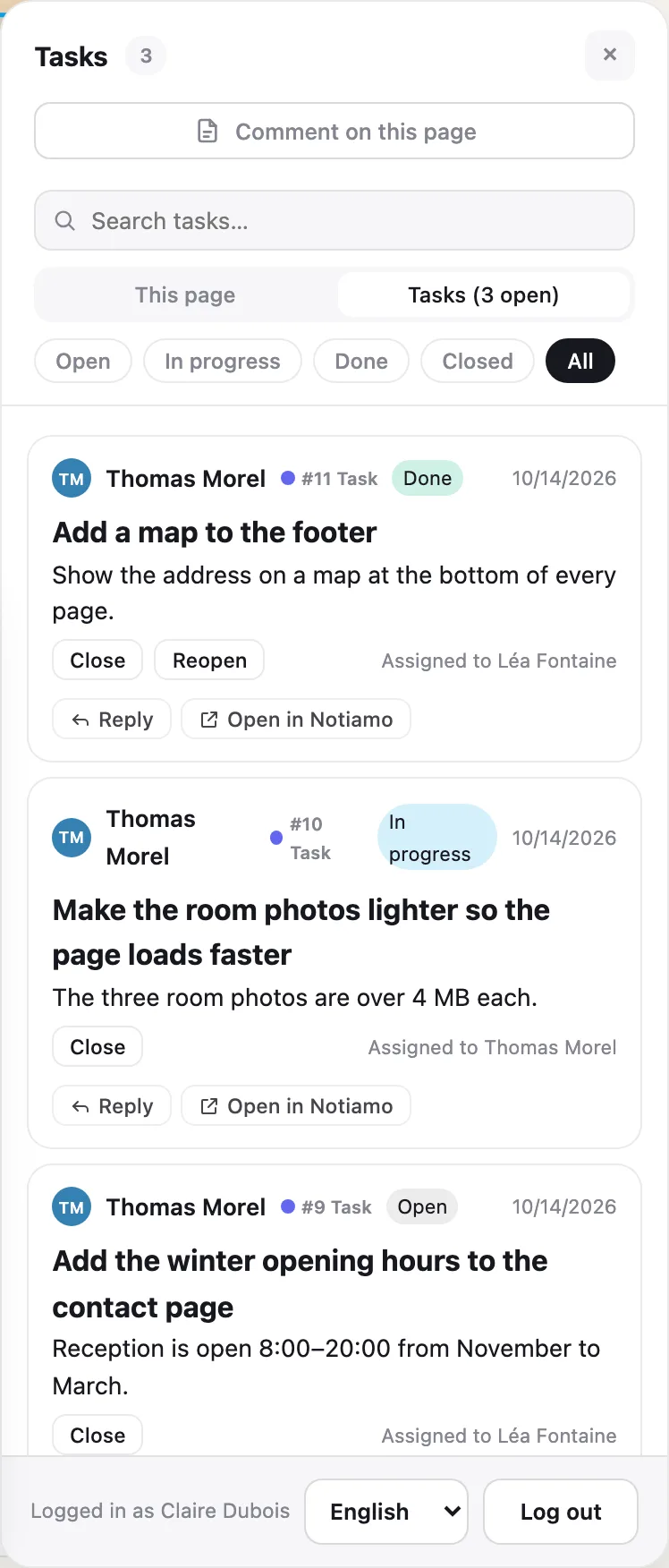The Tasks tab of the review tools on the website: the site’s tasks with their status, replies and buttons.