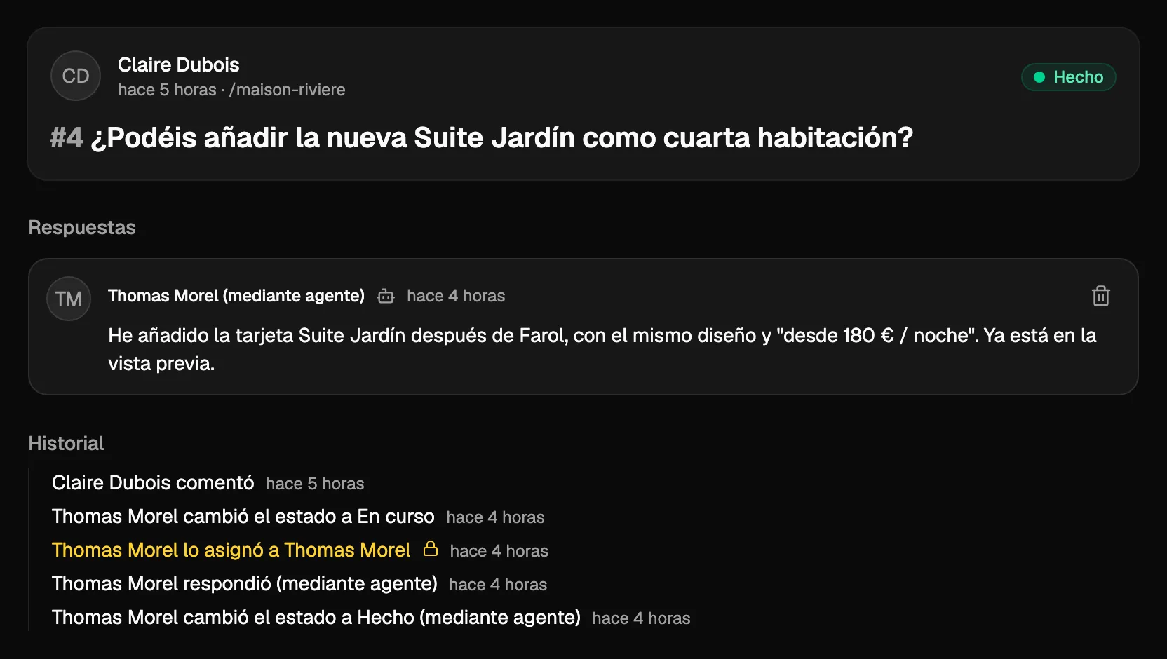 Un comentario resuelto por un agente de IA: su respuesta indica qué ha cambiado y el historial muestra que el agente respondió y lo marcó como hecho.