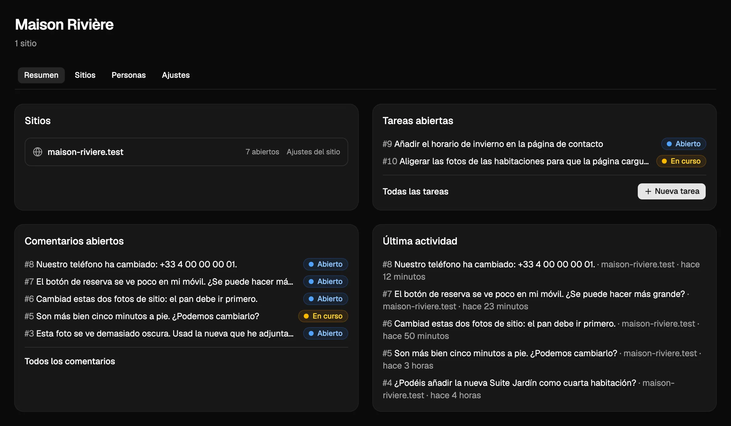 El resumen de un proyecto en Notiamo: su sitio, sus tareas y comentarios abiertos y la actividad más reciente.