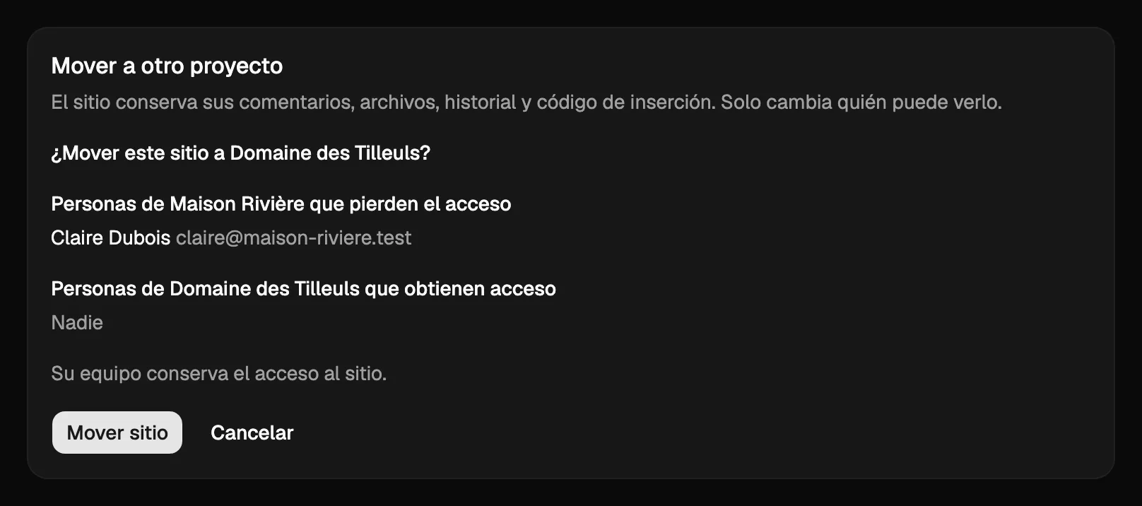 Mover un sitio a otro proyecto: quién pierde el acceso, quién lo obtiene y el botón para mover el sitio.