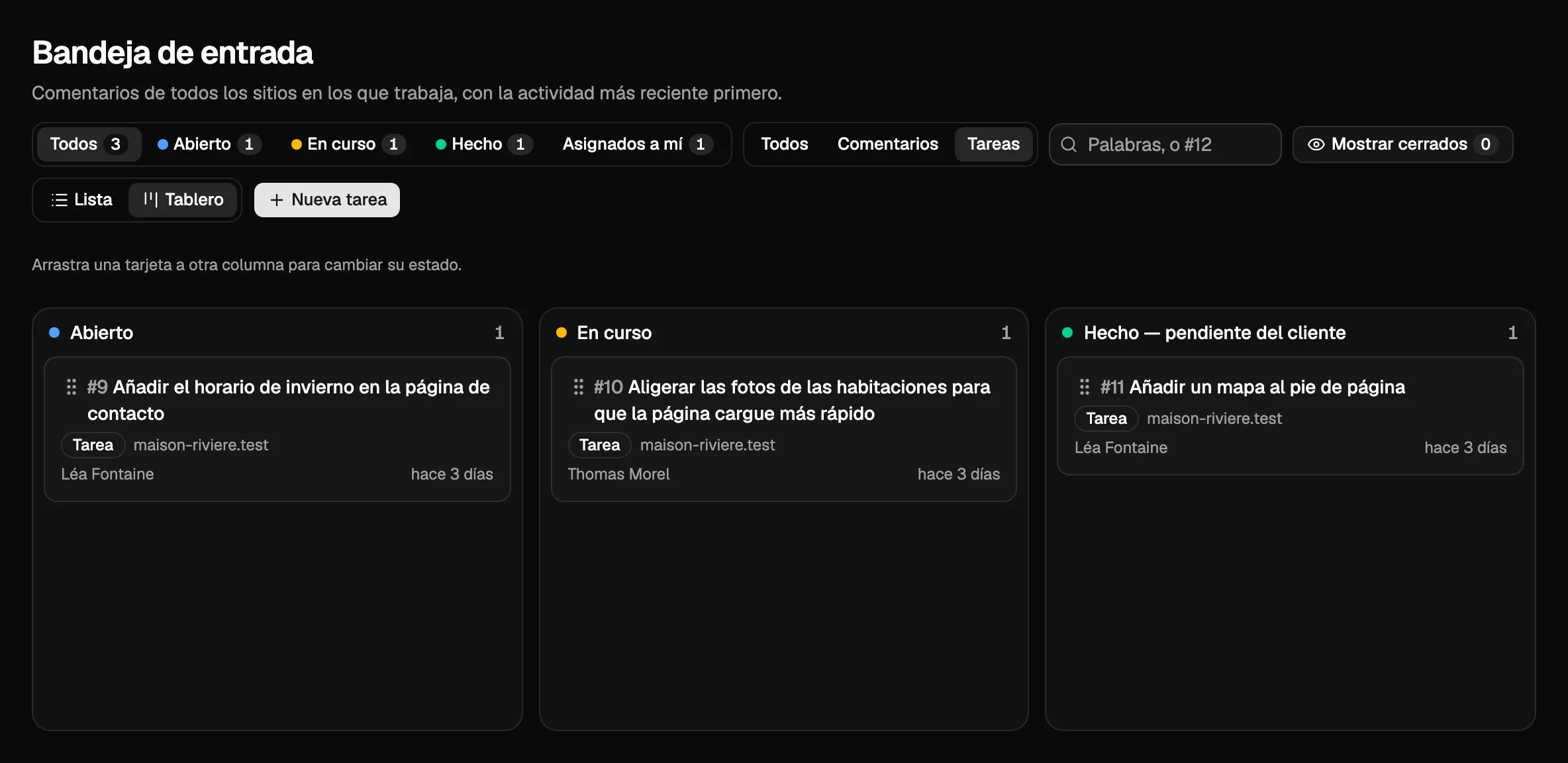 La bandeja de entrada como tablero, solo con tareas: una columna por estado y cada tarea con la persona asignada.