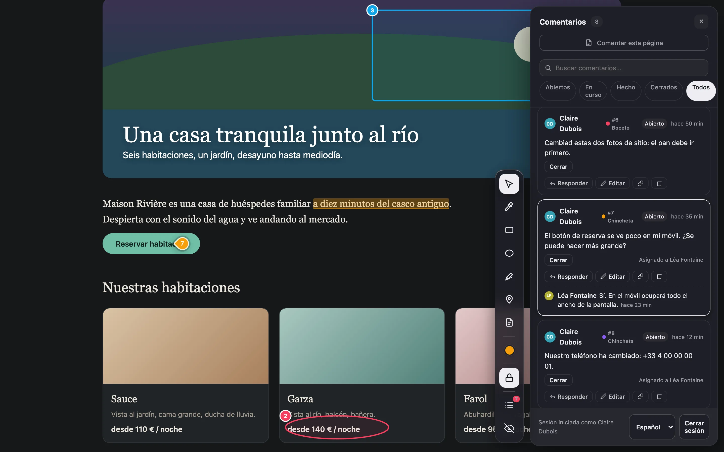 El sitio web de un cliente con Notiamo abierto: marcas en la página y, al lado, la lista de comentarios.