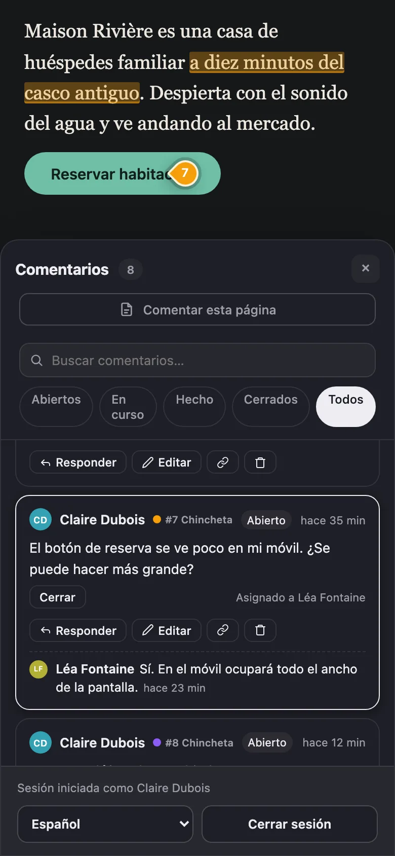 Notiamo en un móvil: un pin en el botón de reserva y la conversación debajo de la página.