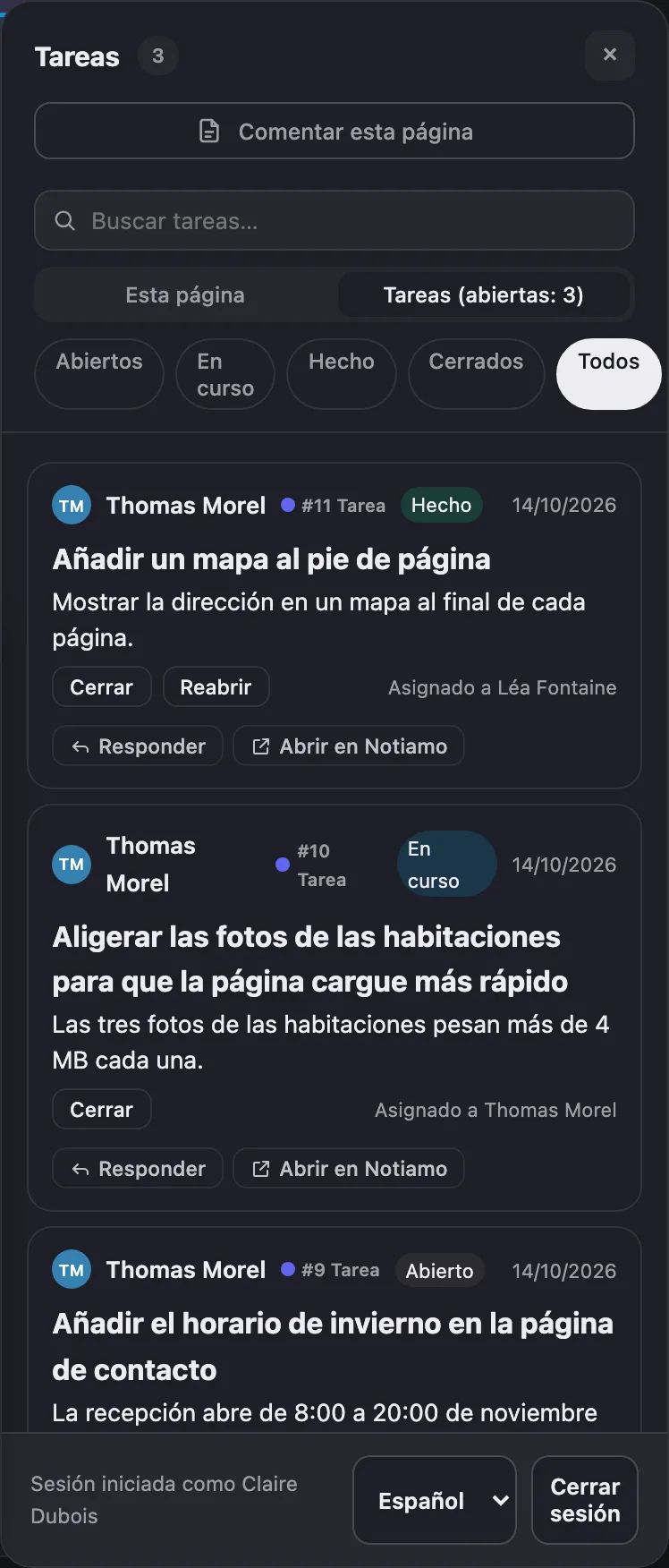 La pestaña Tareas de las herramientas de revisión en el sitio web: las tareas del sitio con su estado, respuestas y botones.