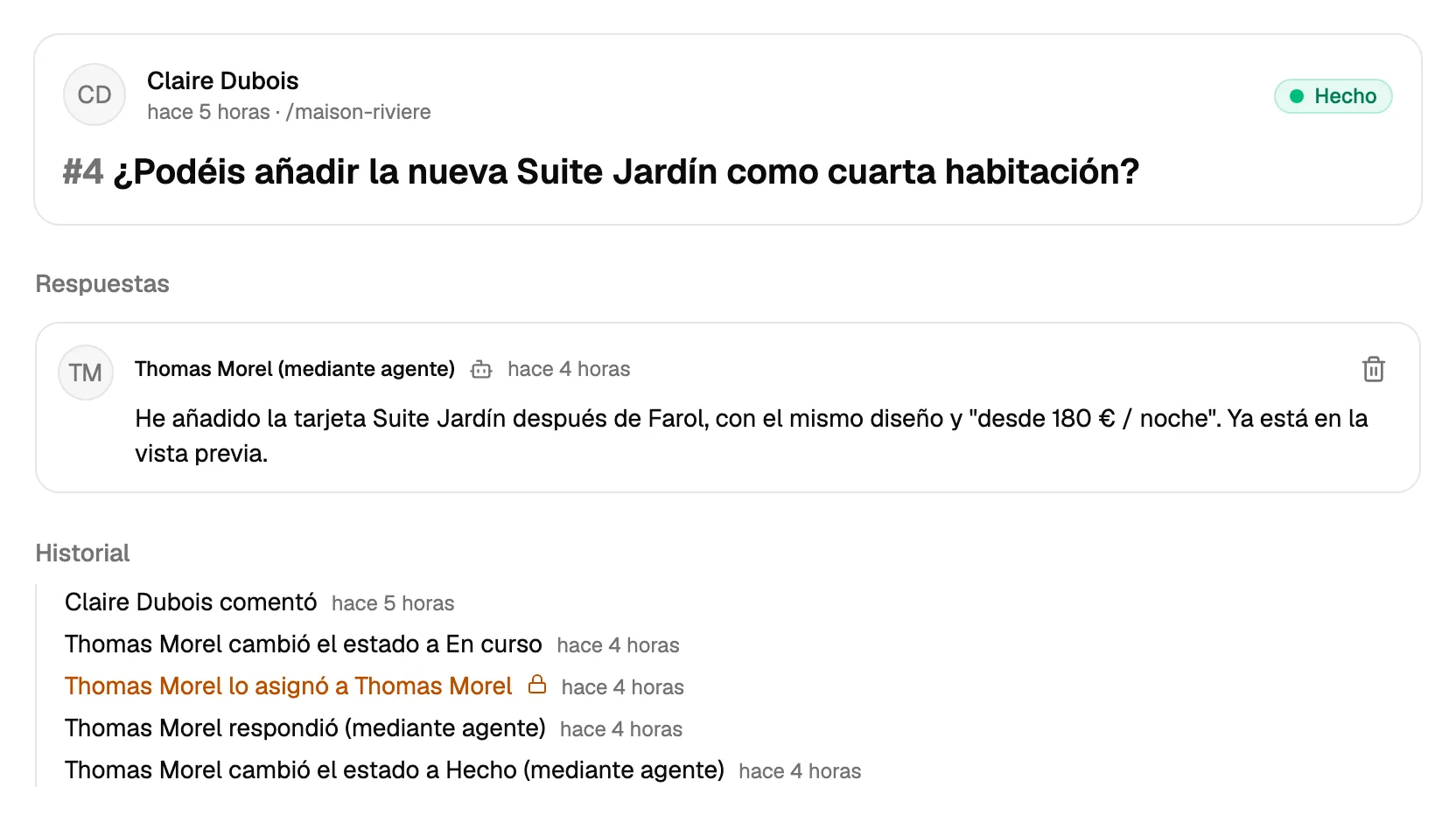 Un comentario resuelto por un agente de IA: su respuesta indica qué ha cambiado y el historial muestra que el agente respondió y lo marcó como hecho.