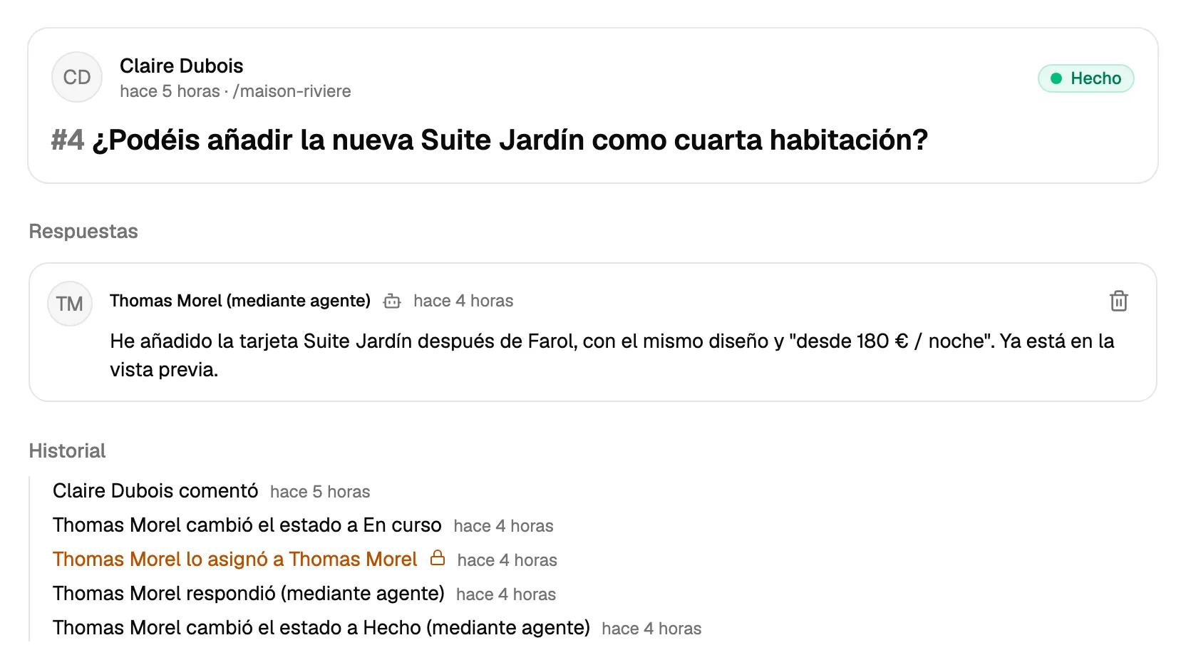 Un comentario resuelto por un agente de IA: su respuesta indica qué ha cambiado y el historial muestra que el agente respondió y lo marcó como hecho.