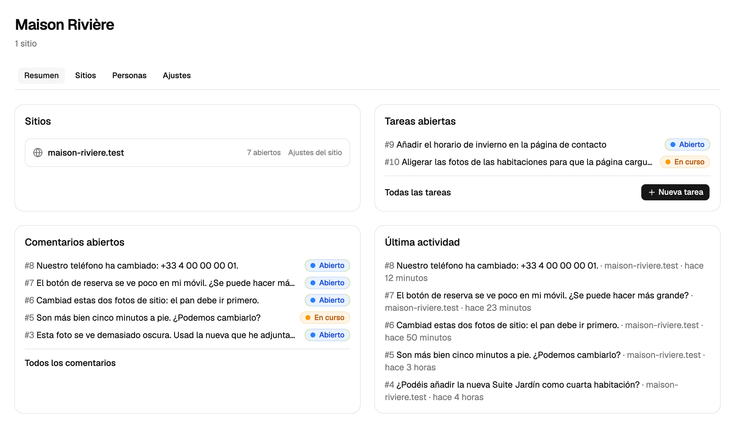 El resumen de un proyecto en Notiamo: su sitio, sus tareas y comentarios abiertos y la actividad más reciente.