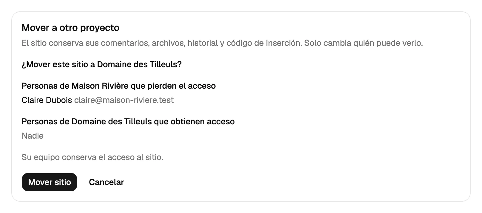 Mover un sitio a otro proyecto: quién pierde el acceso, quién lo obtiene y el botón para mover el sitio.